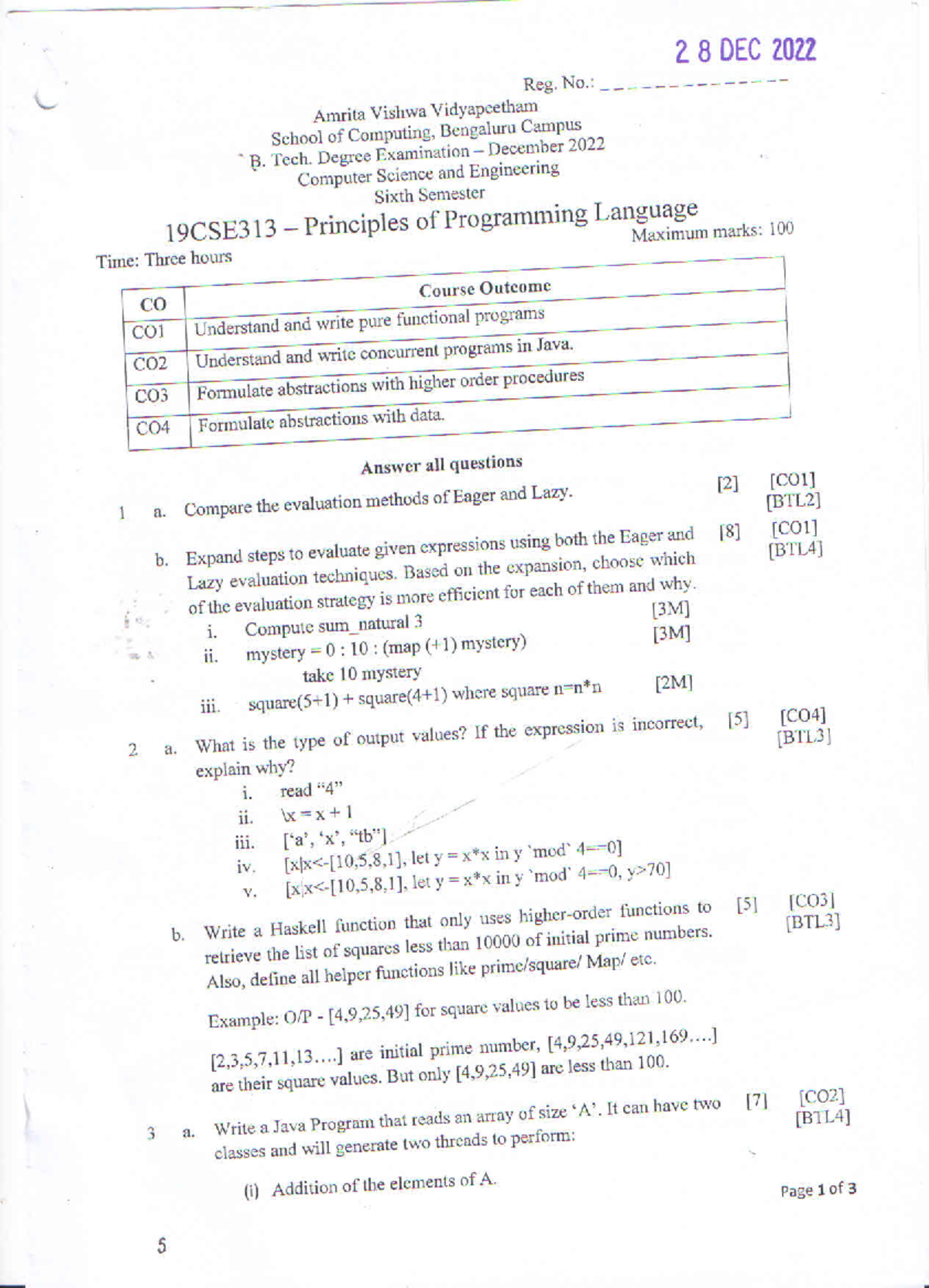 19CSE313 - Principles of Programming Language Exam Questions - Studocu
