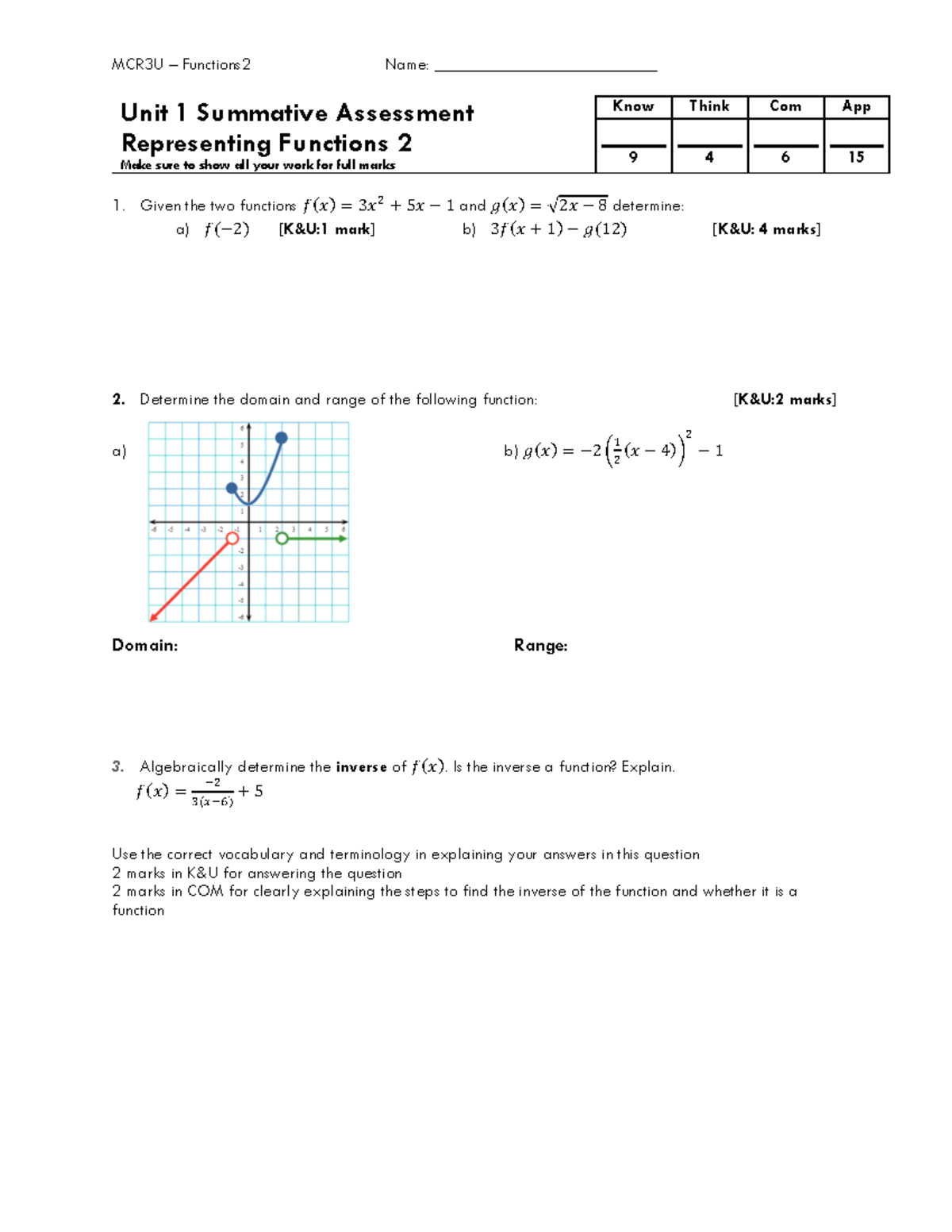 MCR3U Functions2 Unit 1 Summative Assessment on Representing Functions ...