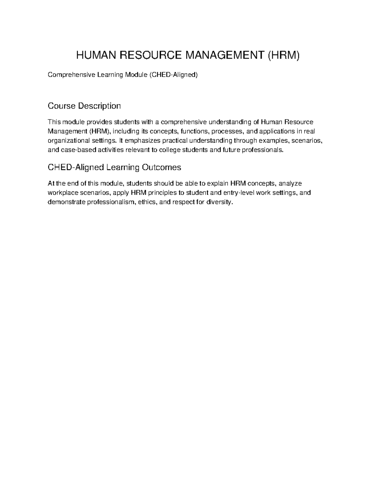 HRM 101: Comprehensive Learning Module Overview and Key Concepts - Studocu