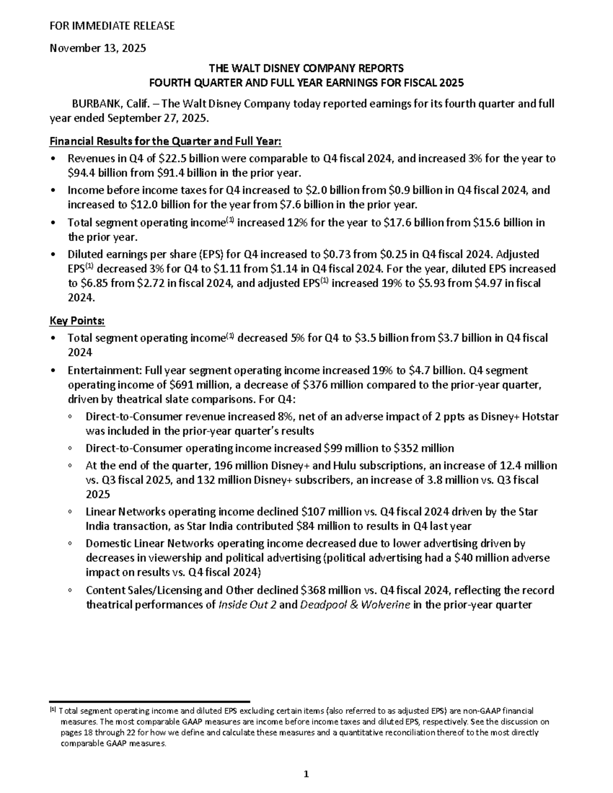 Walt Disney Co. Q4 FY25 Earnings Report Summary - Studocu