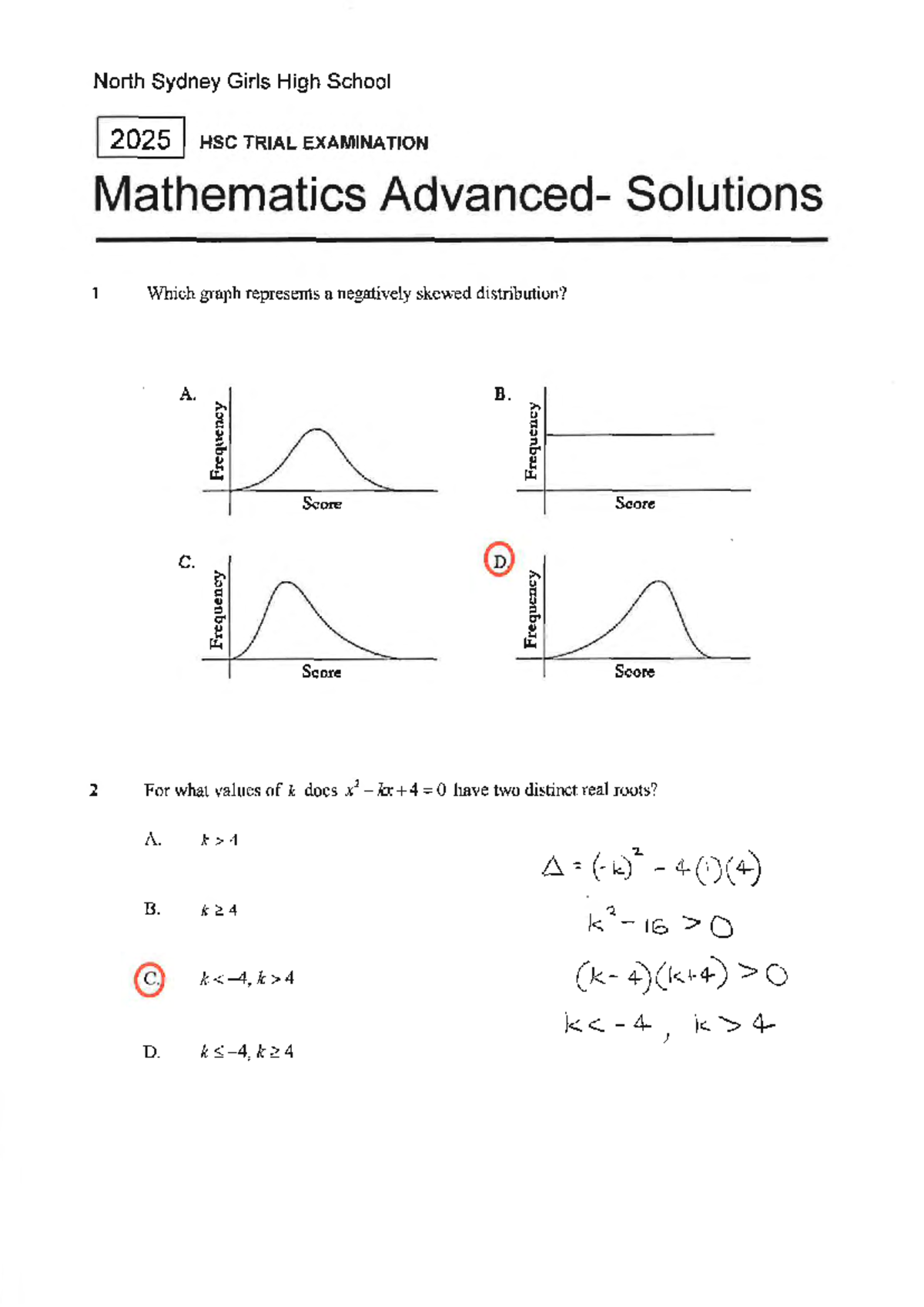 2025 North Sydney Girls High School - Mathematics Trial Exam Solutions ...