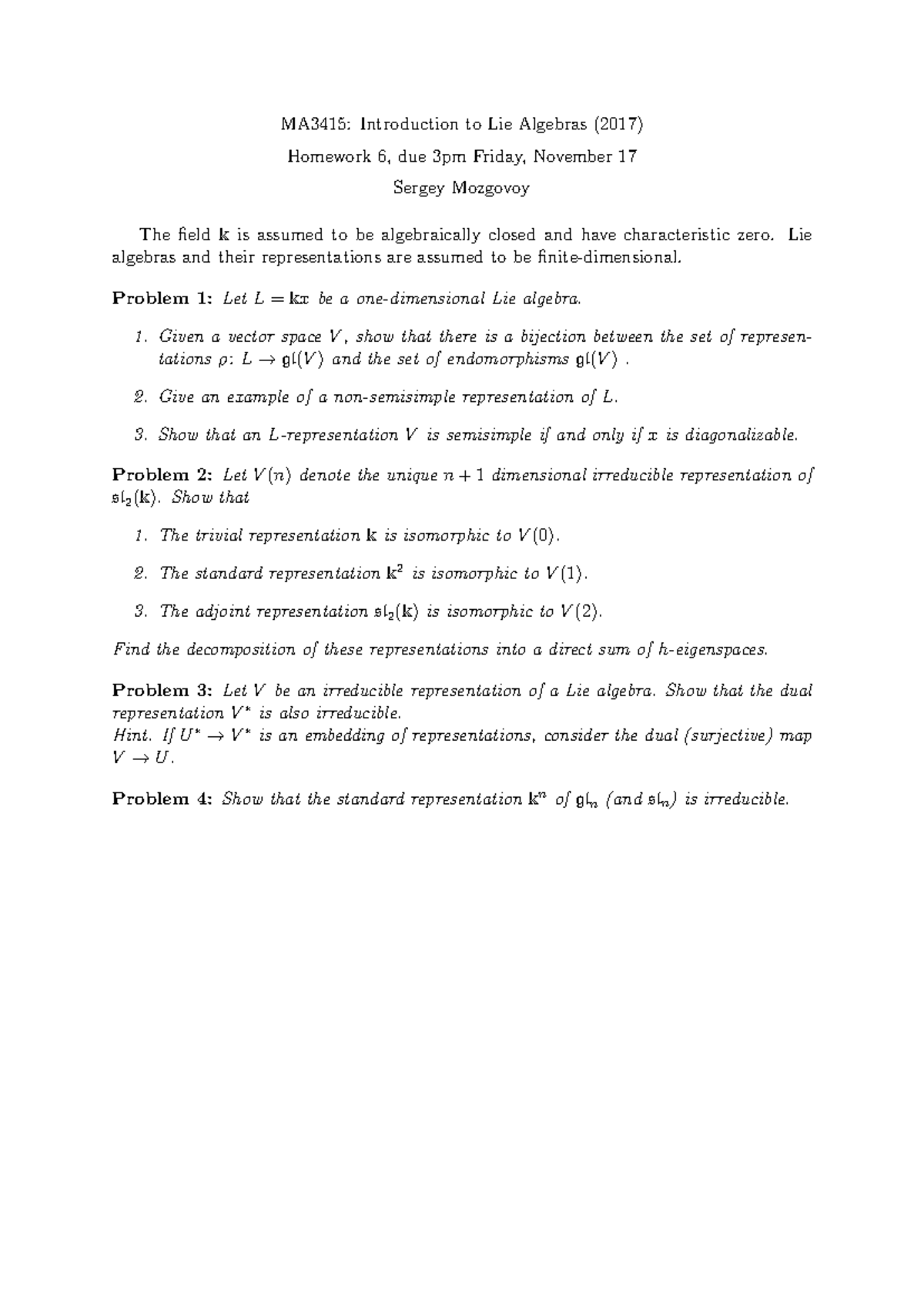 MA3415 2017-2018 Homework 6: Lie Algebras and Representations - Studocu