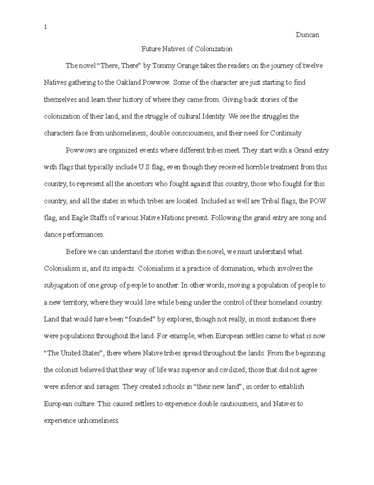 Post-Colonial Essay - writing assignment - Duncan Future Natives of ...