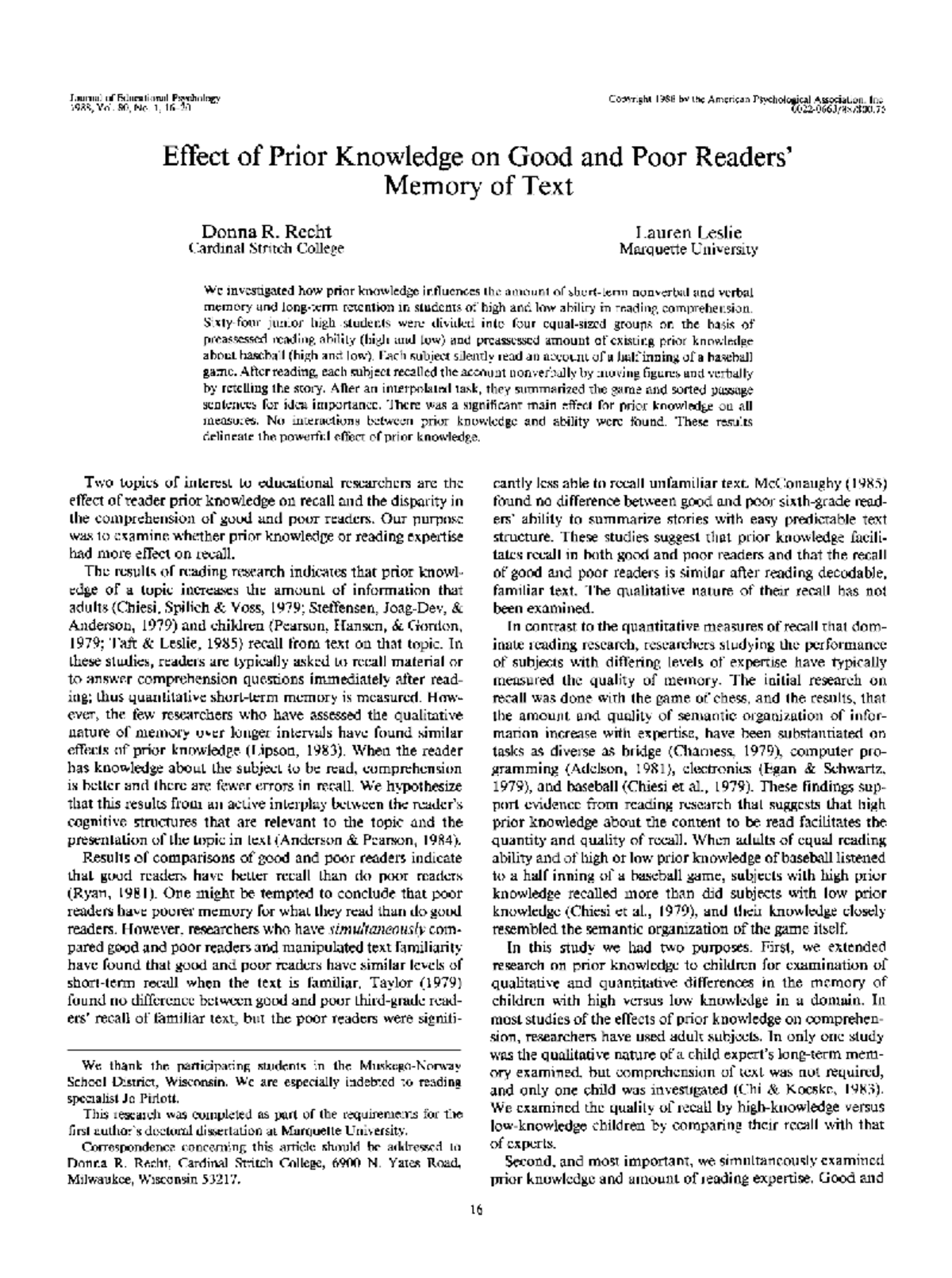 Effect of Prior Knowledge on Good and Poor Readers' Memory of Text (EDU ...