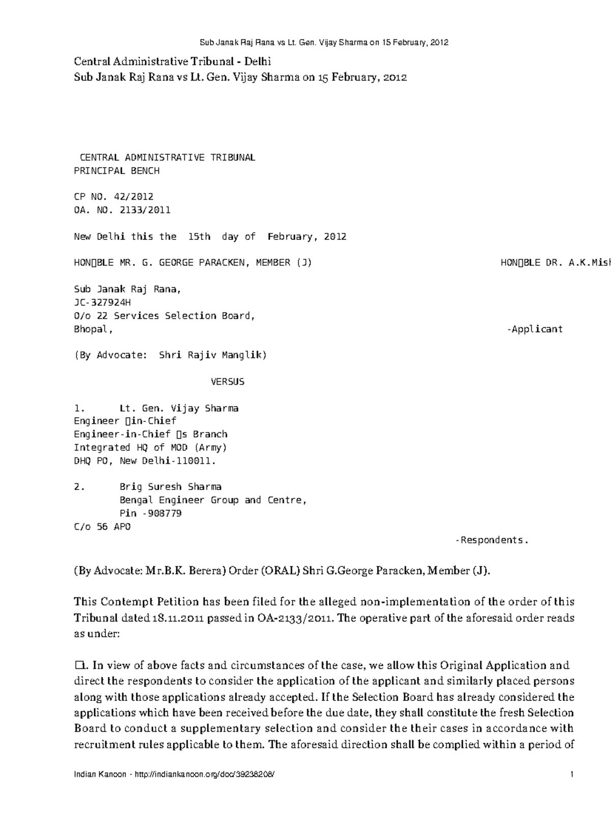 B'Sub Janak Raj Rana vs Lt - Central Administrative Tribunal - Delhi ...