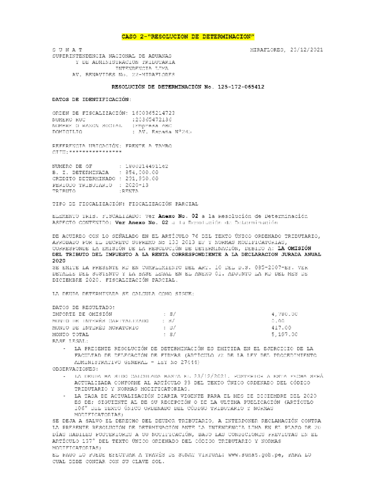 Resolución de Determinación SUNAT - Caso Empresa ABC (2020) - Document Preview