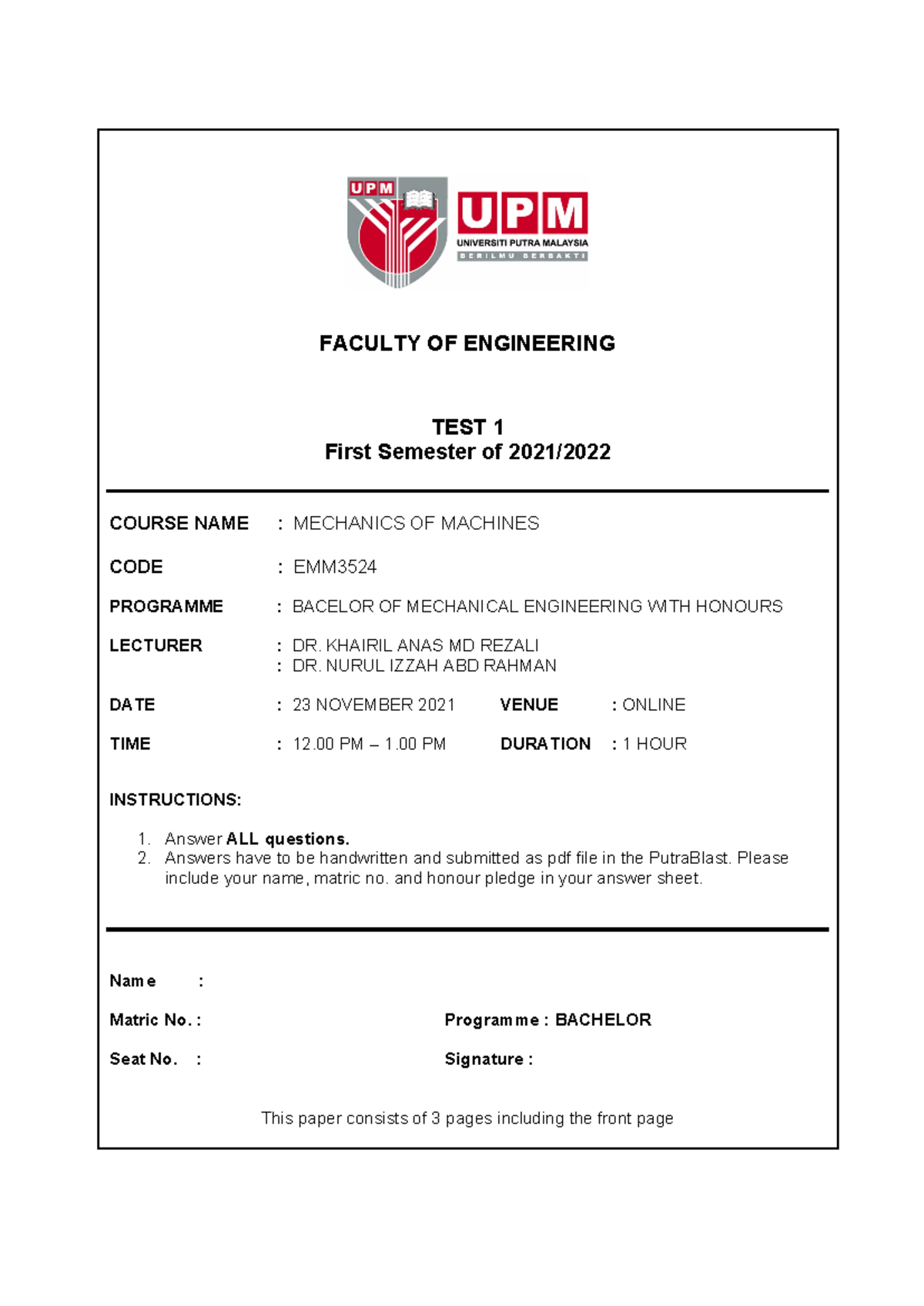 Test 1 question booklet PB - UPM All rights reserved FACULTY OF ...