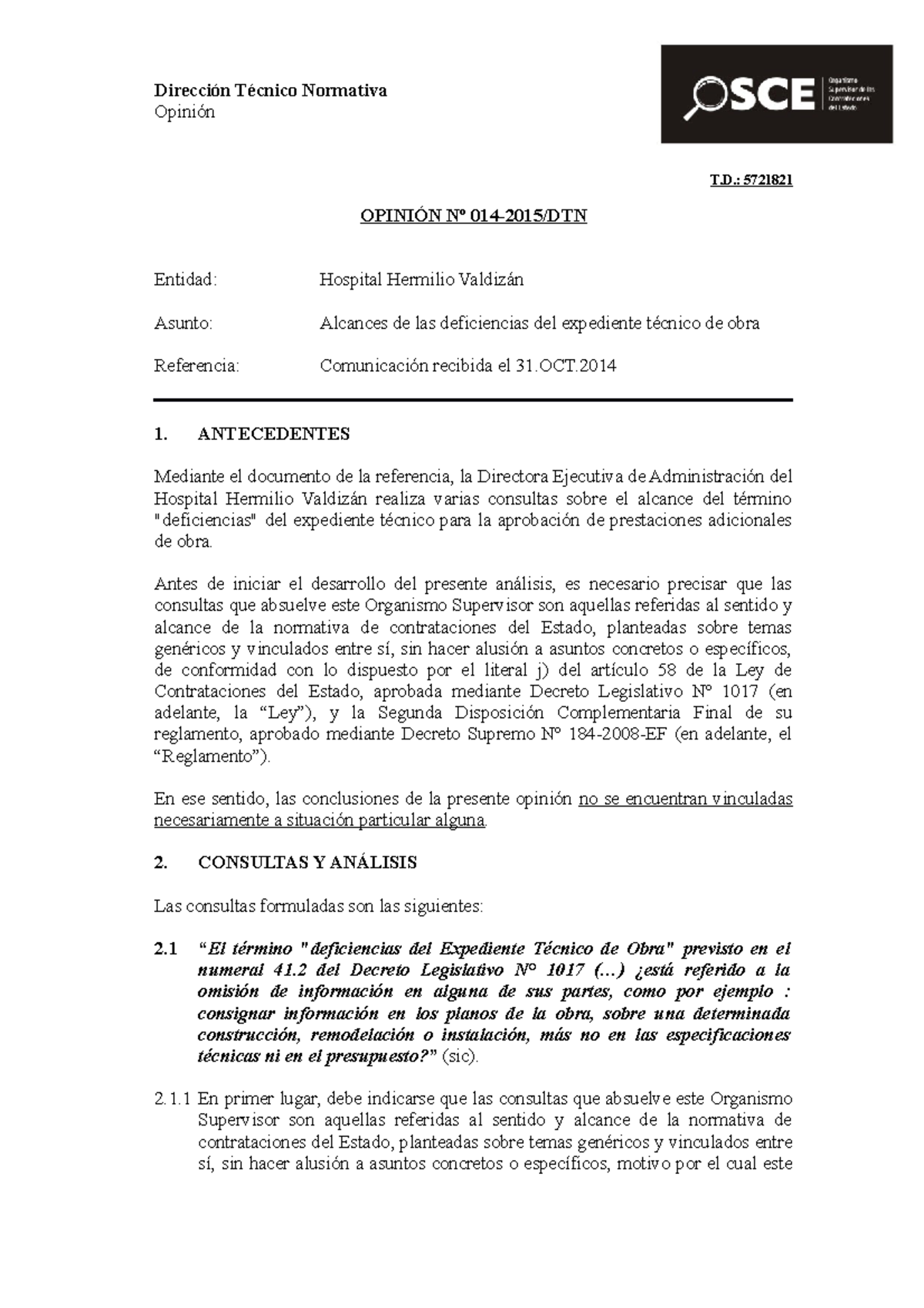 Opinión OSCE 014-15: Deficiencias del Expediente Técnico en Obra - Document Preview