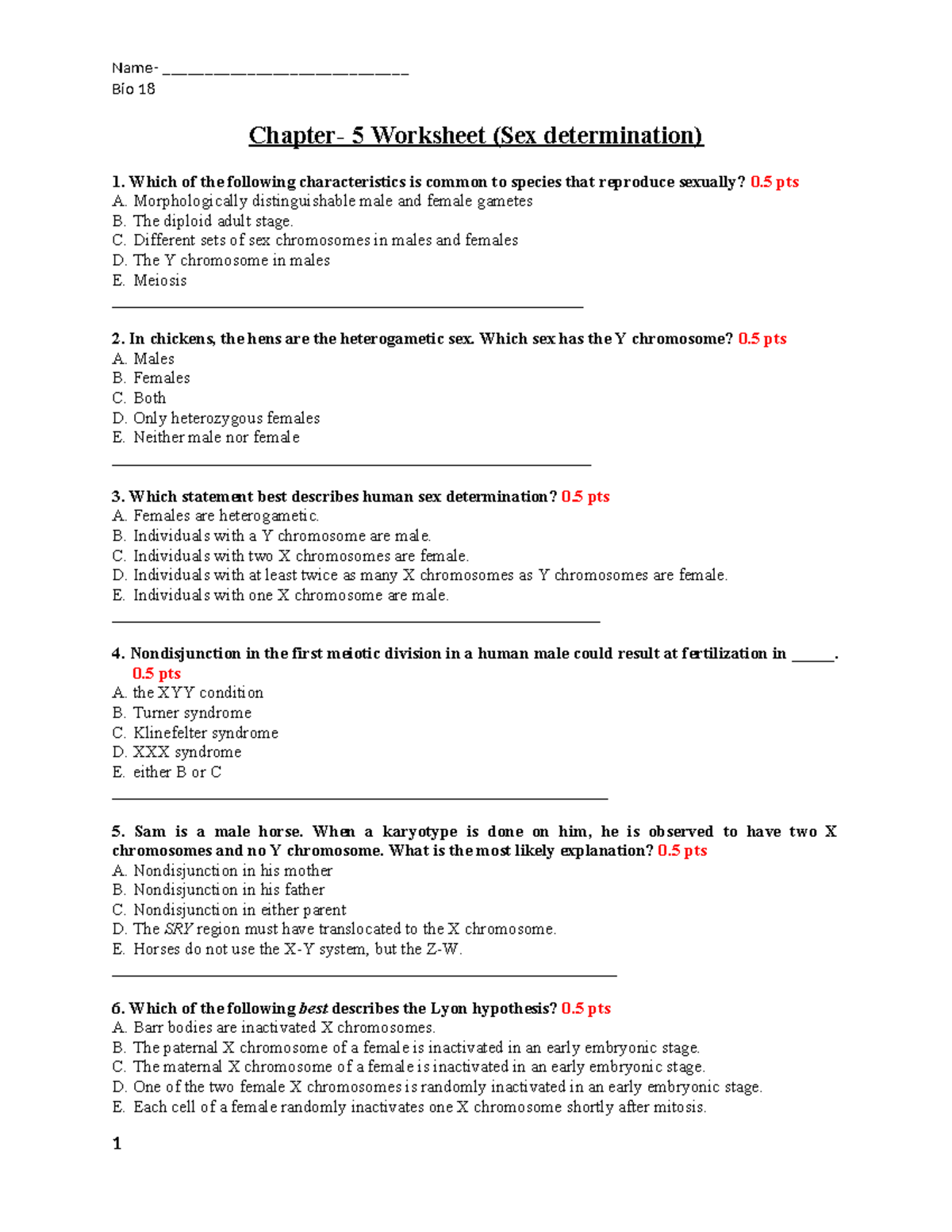 Bio 18 Chapter 5 Worksheet: Understanding Sex Determination - Studocu