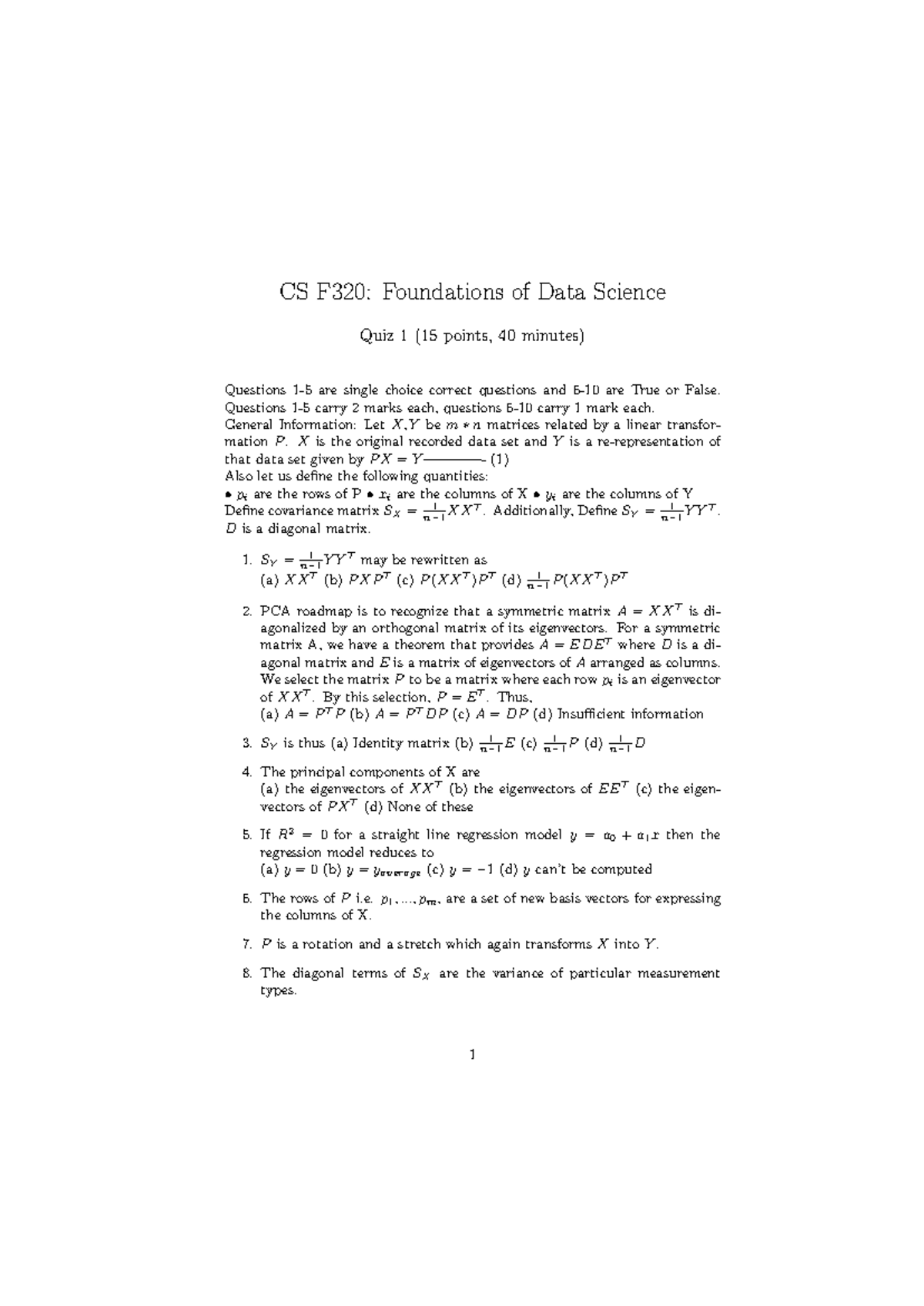 Quiz 1 CS F320: Foundations of Data Science - Sem 2 23-24 - Studocu
