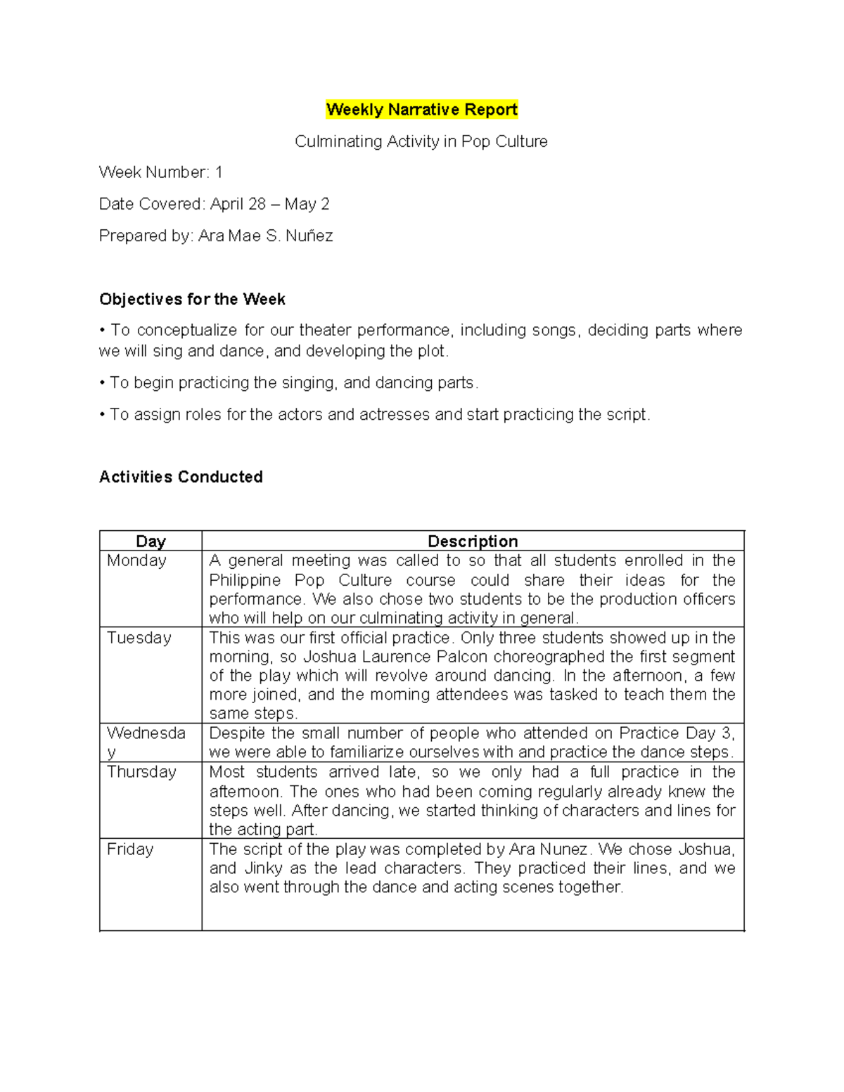Weekly Narrative Report: Culminating Activity in Pop Culture (Week 1 ...