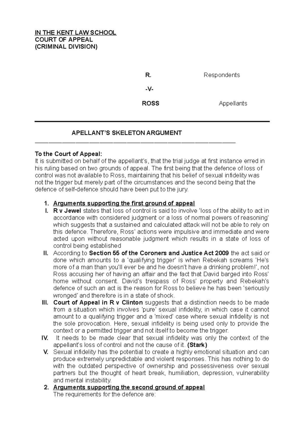 Kent Law School: Appellant's Skeleton Argument Analysis - Studocu