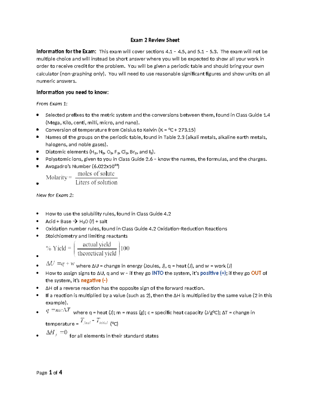 Exam 2 Review Sheet for CHEM 101: Key Concepts & Problem Solving - Studocu