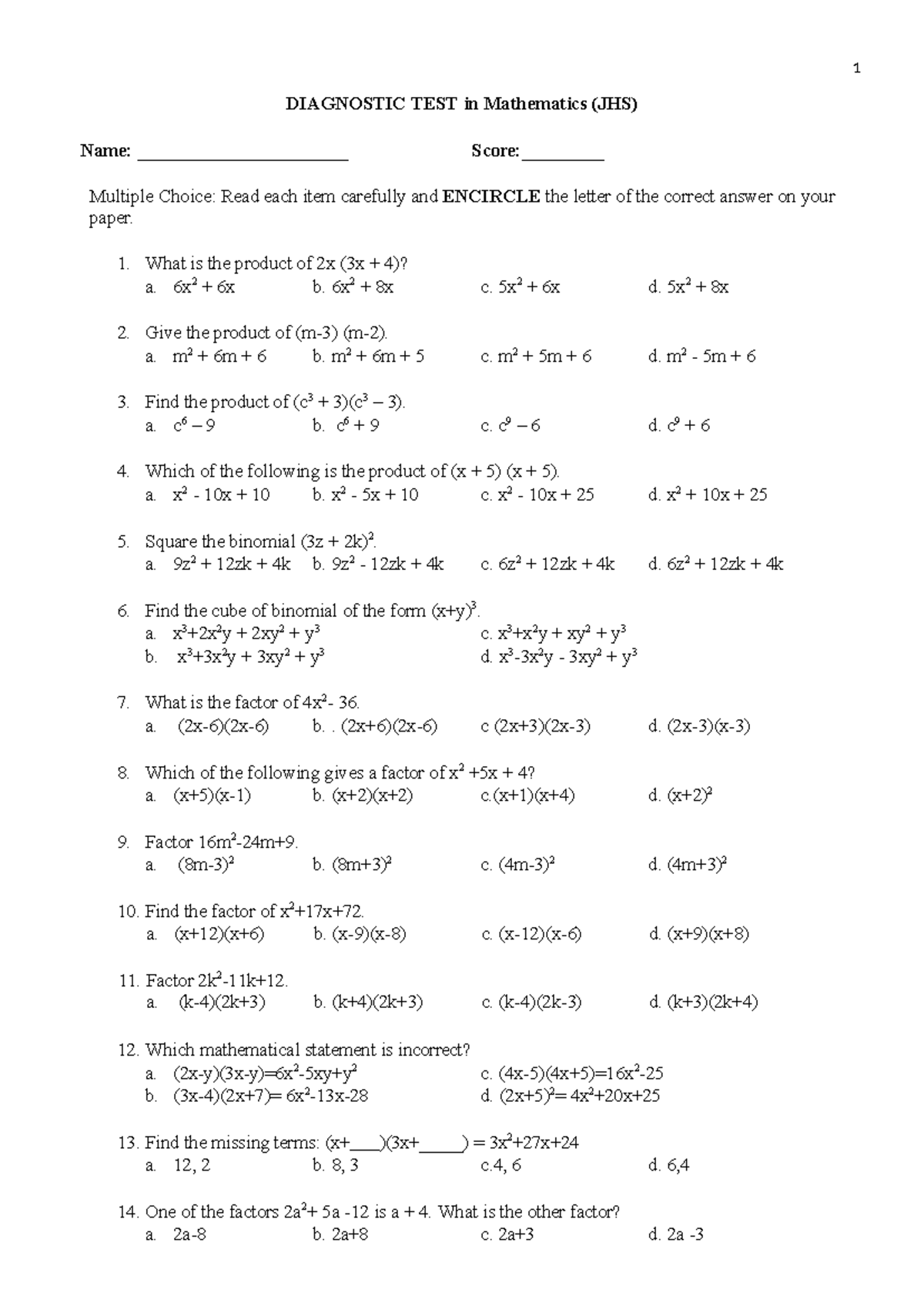 Diagnostic Test for MATH (JHS) - Comprehensive Questions Guide - Studocu