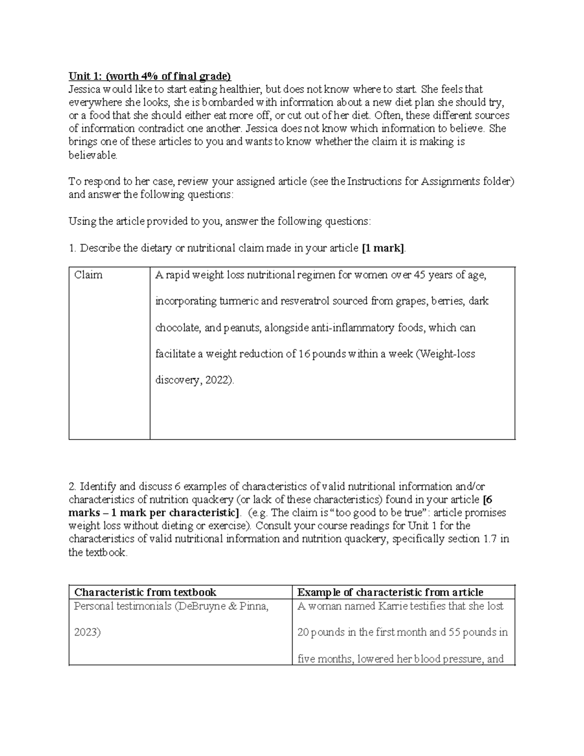 Case Study 1: Evaluating Nutritional Claims in Diet Articles (NUTR 101 ...