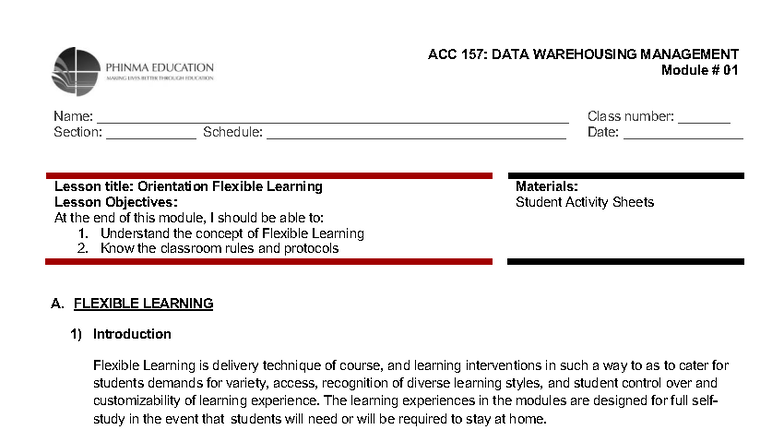ACC 157: DATA WAREHOUSING MANAGEMENT - Module 01 Orientation Lesson ...