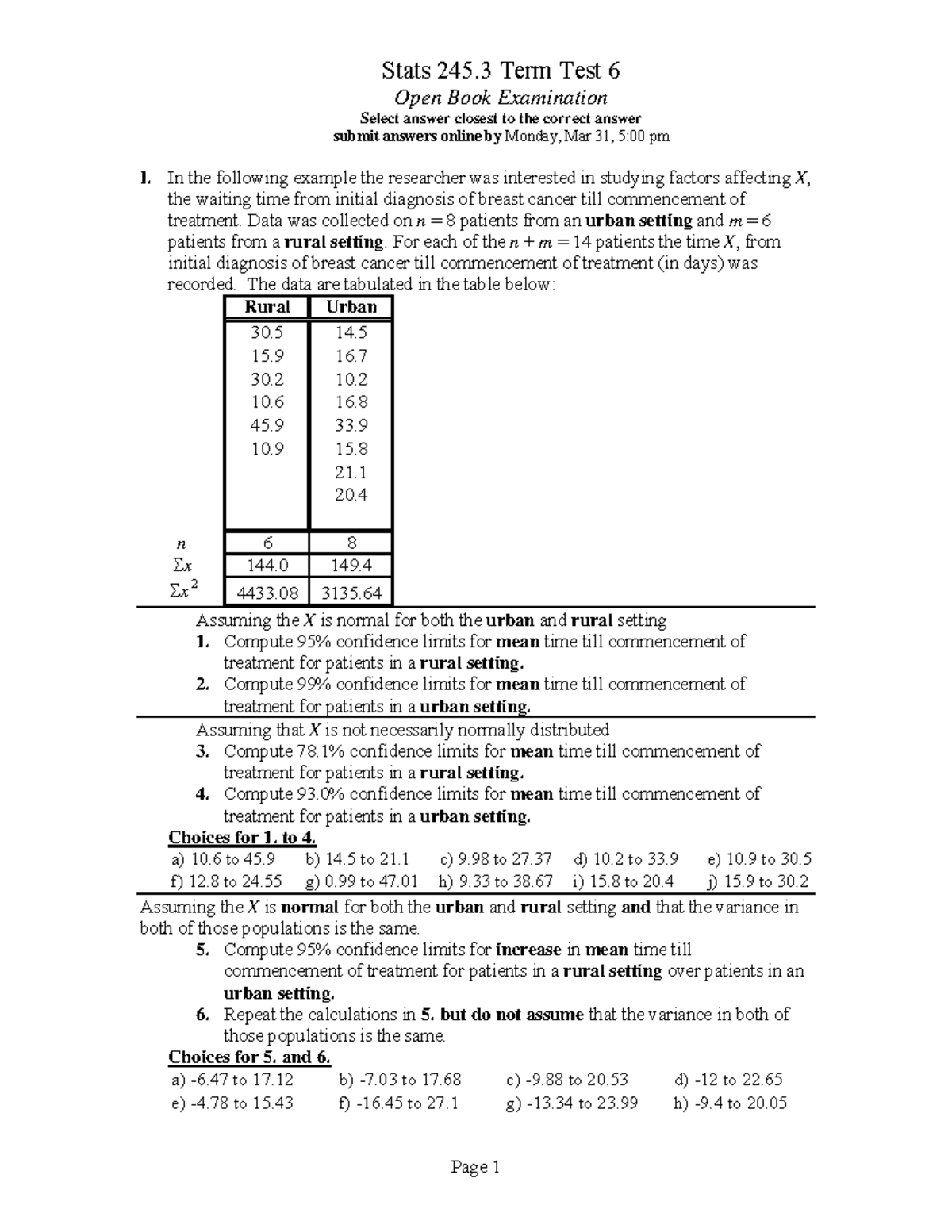 Test 6 Stats 245 Jan Apri 2025-1 - Stats 245 Term Test 6 Open Book ...