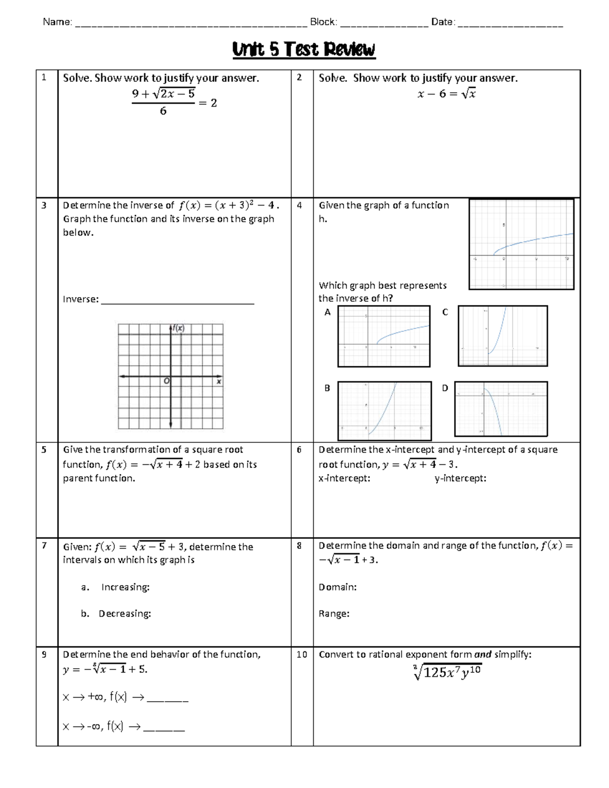 Unit 5 Test Review: Functions, Inverses, and Simplifications - Studocu