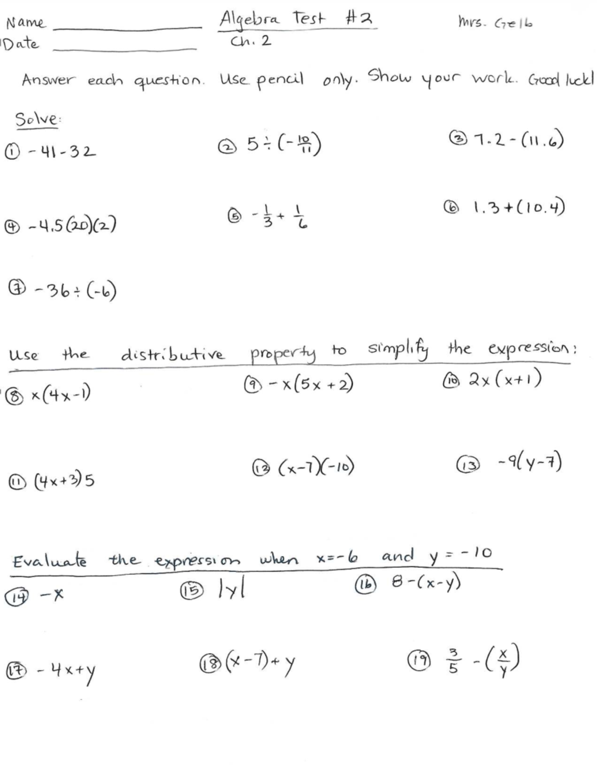 Algebra Test 2 - Practice Test with Distributive Property - Studocu