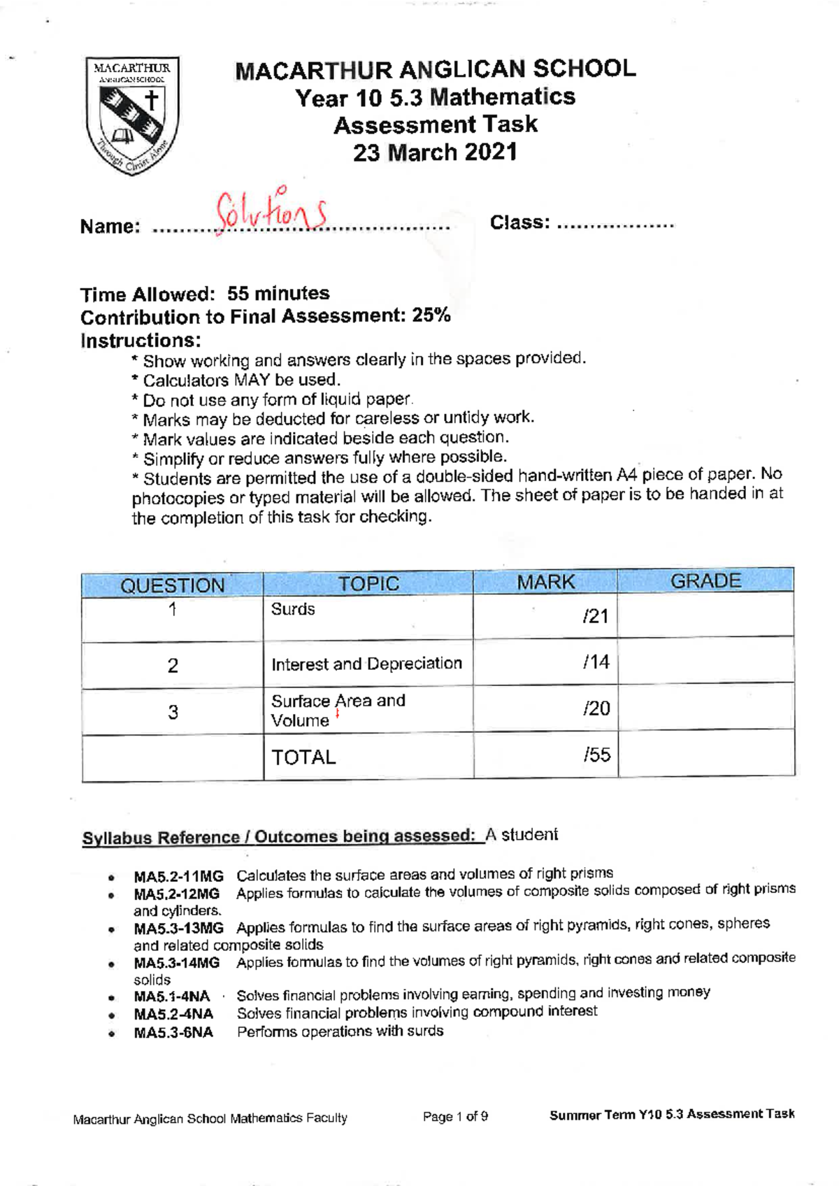 Year 10 5.3 Mathematics Assessment Task Solutions - March 2021 - Studocu