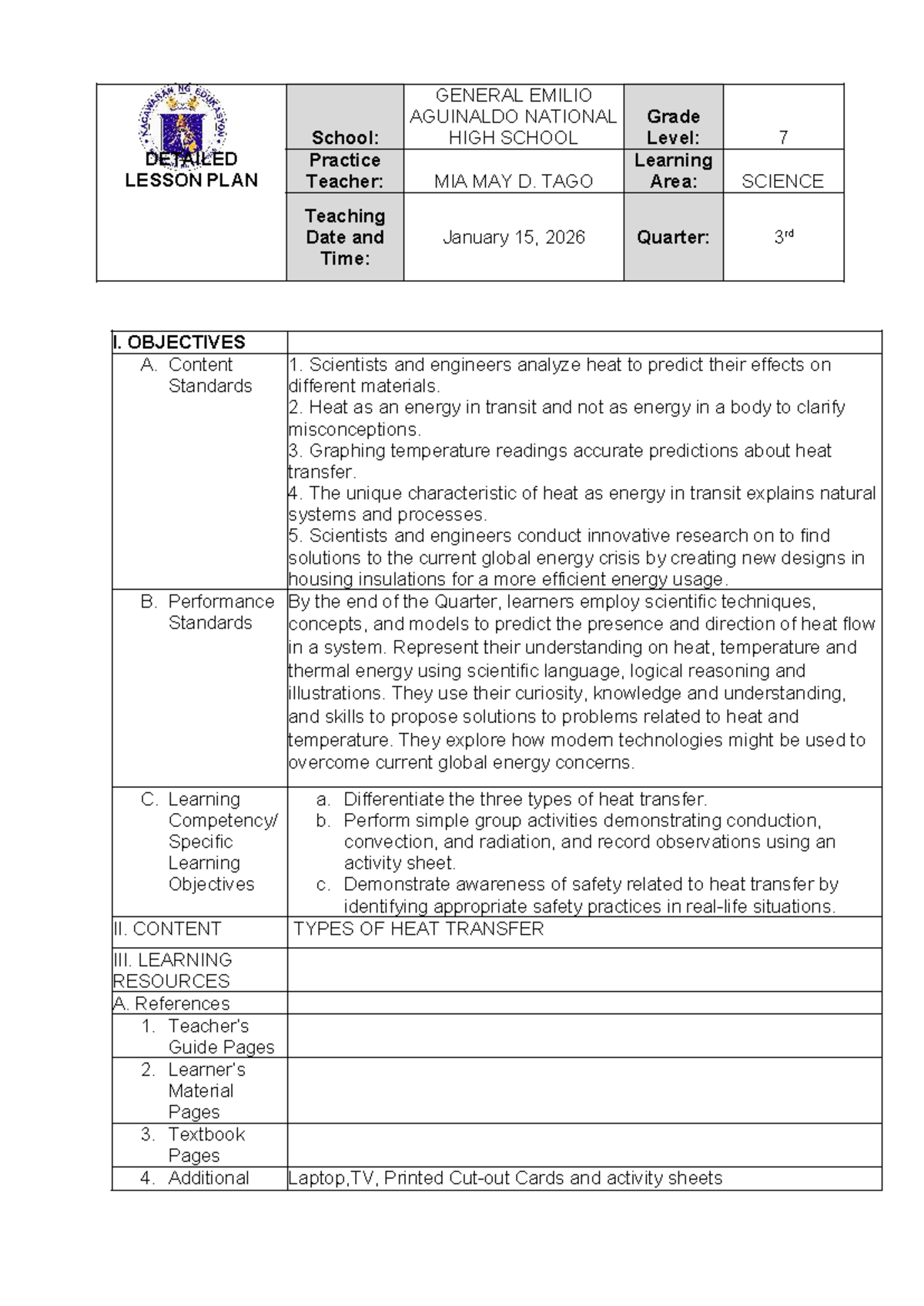 HEAT Transfer - Detailed Lesson Plan (DLP) for Science 7 - Studocu