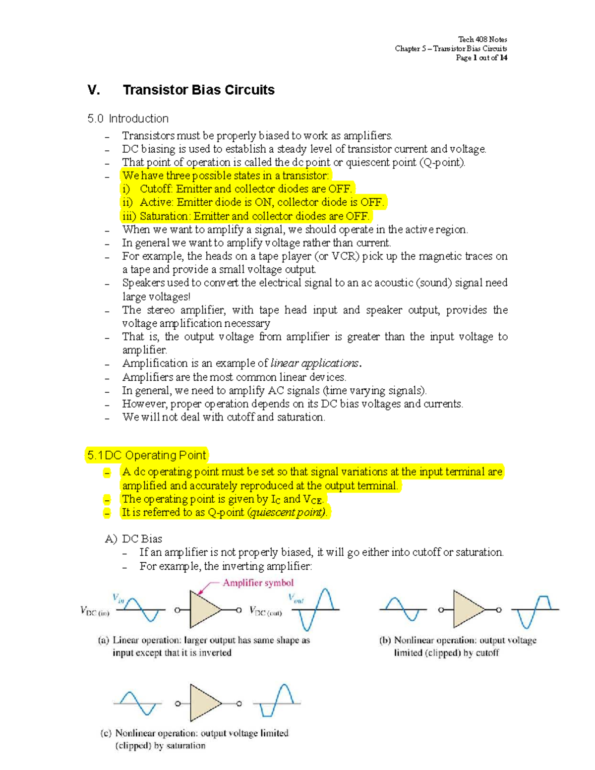 Tech 408 Notes: Chapter 5 - Transistor Bias Circuits Overview - Studocu