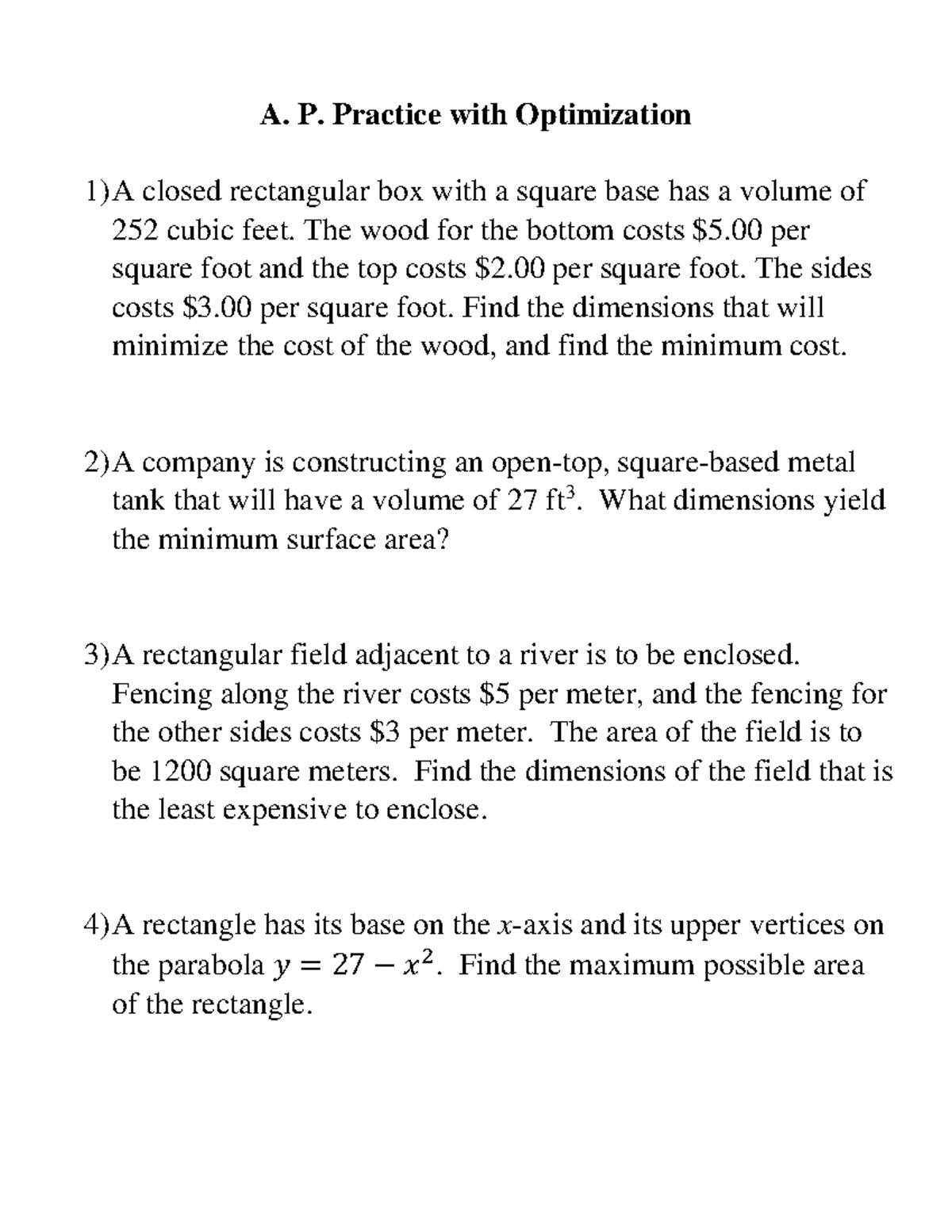 AP Optimization Practice Problems for Minimizing Costs and Areas - Studocu