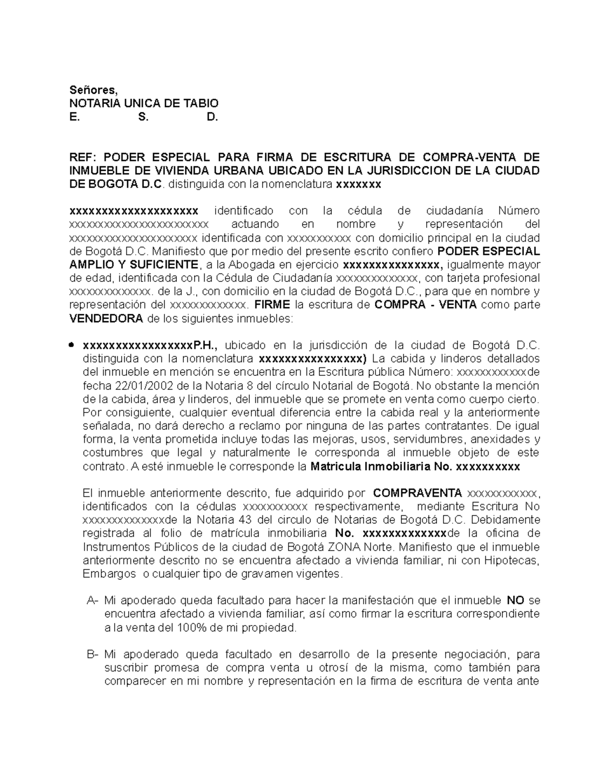 poder venta de inmueble de vivienda - Señores, NOTARIA UNICA DE TABIO E ...