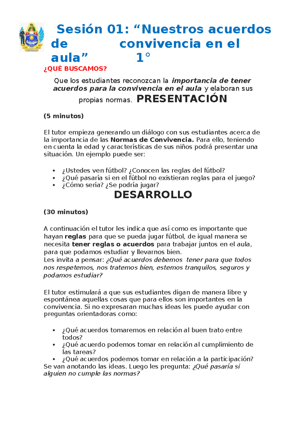 Sesión 01: Normas de Convivencia en el Aula - Tutoría - Studocu