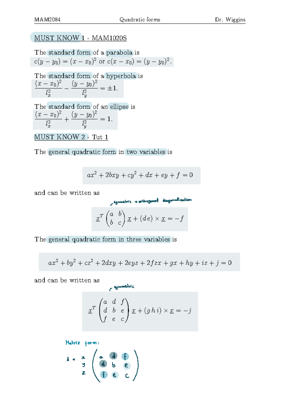 MAM2084 Lesson 30 - Essential Quadratic Forms Concepts - Studocu