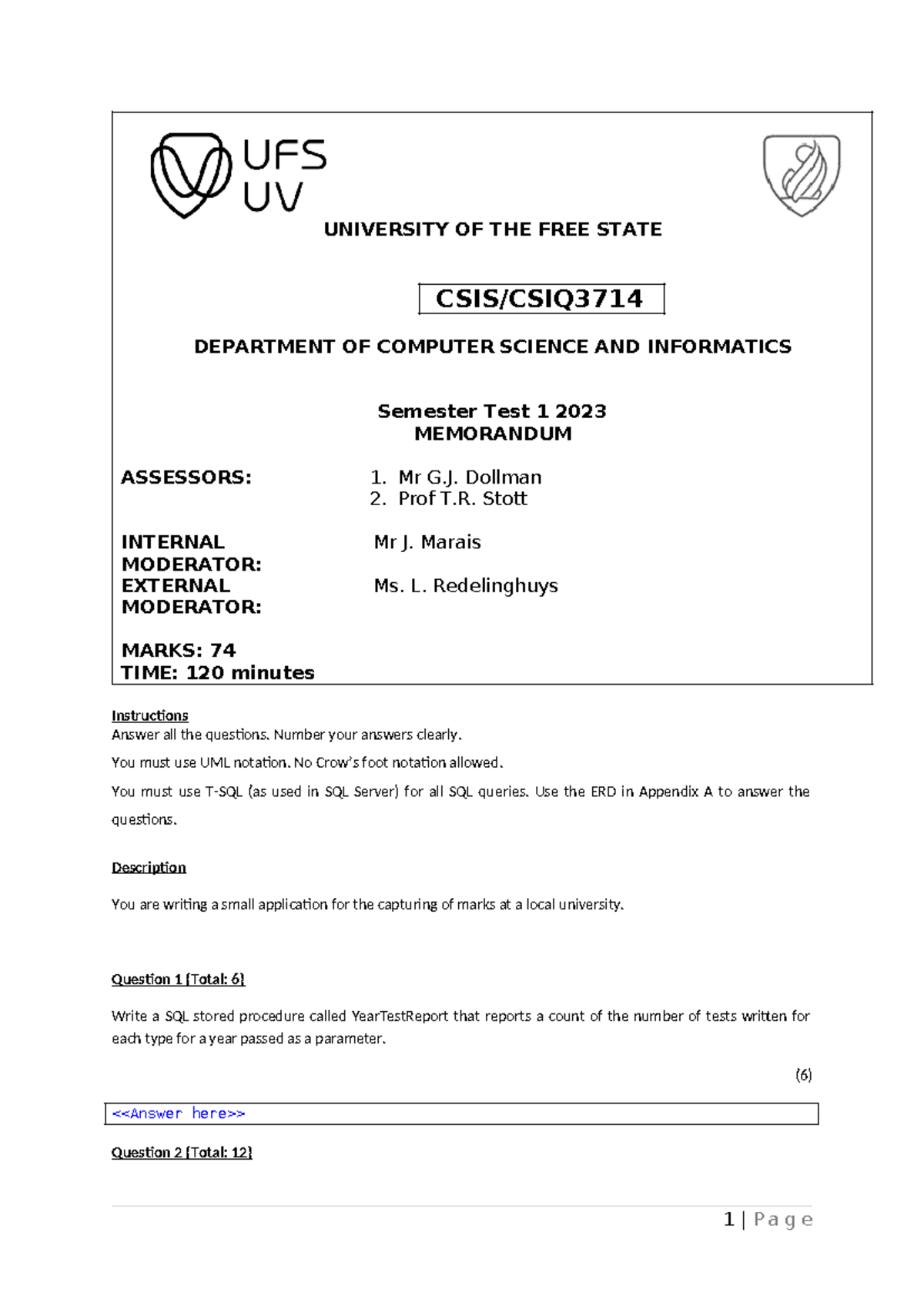 3714 ST1 2023 Semester Test 1 Memorandum and Solutions - Studocu