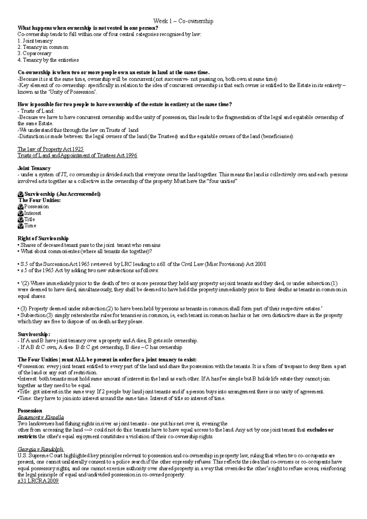 Property Law 2 - Week 1: Co-Ownership Concepts and Principles - Studocu