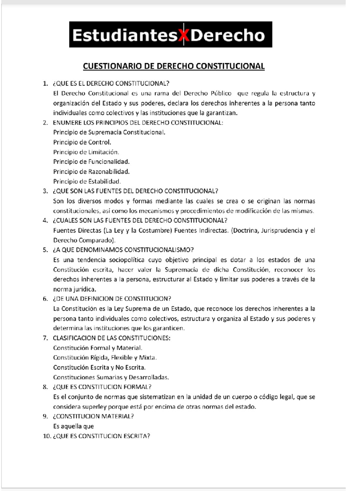 CUESTIONARIO DE DERECHO CONSTITUCIONAL 1 - ESTUDIANTES DERECHO - Studocu