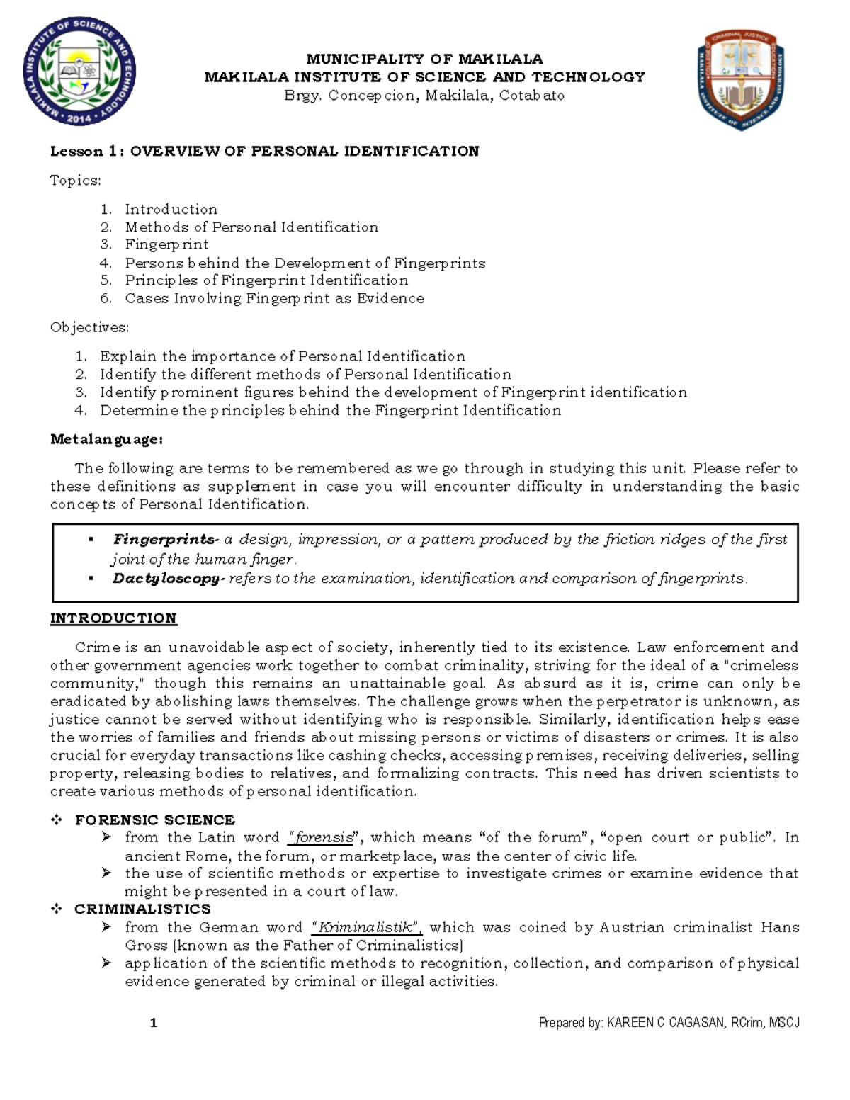 Personal Identification (SC) - MAKILALA INSTITUTE OF SCIENCE AND ...