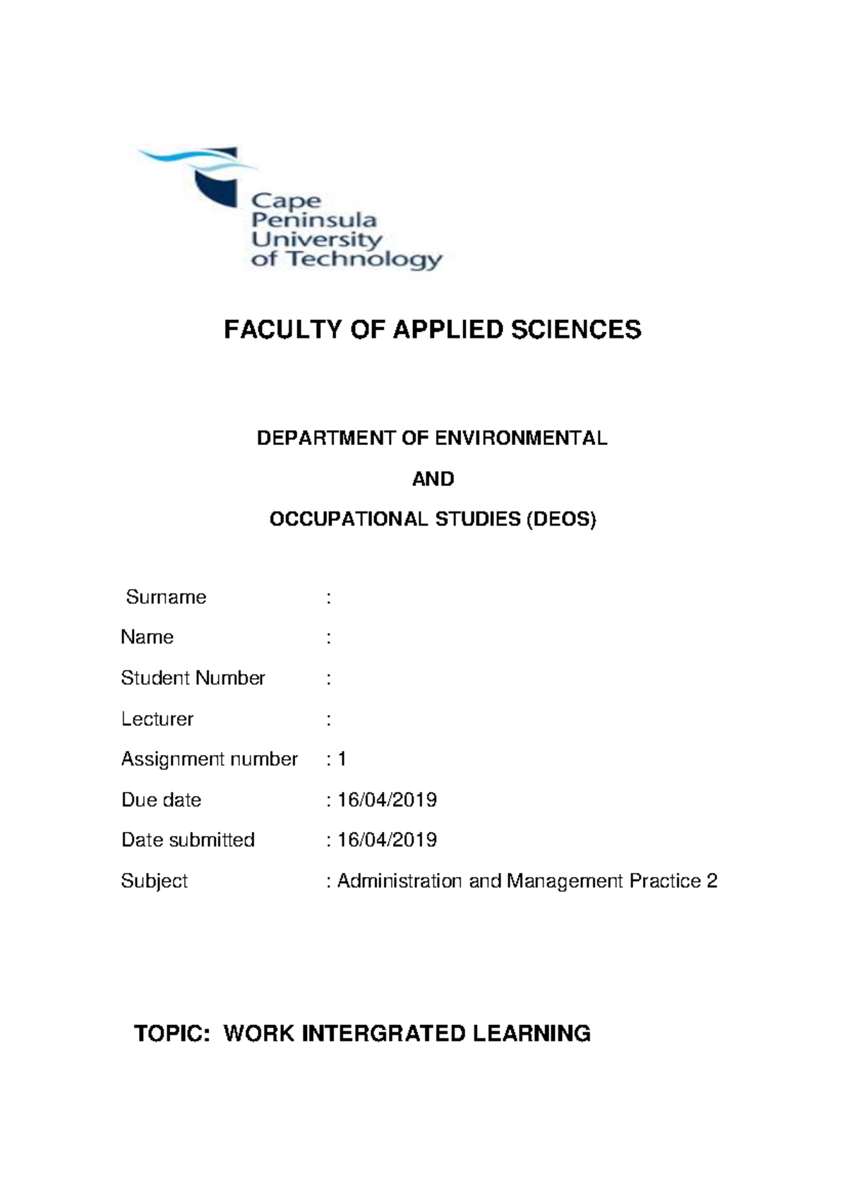 Work Integrated Learning Assignment - Environmental Health Practice 2 ...