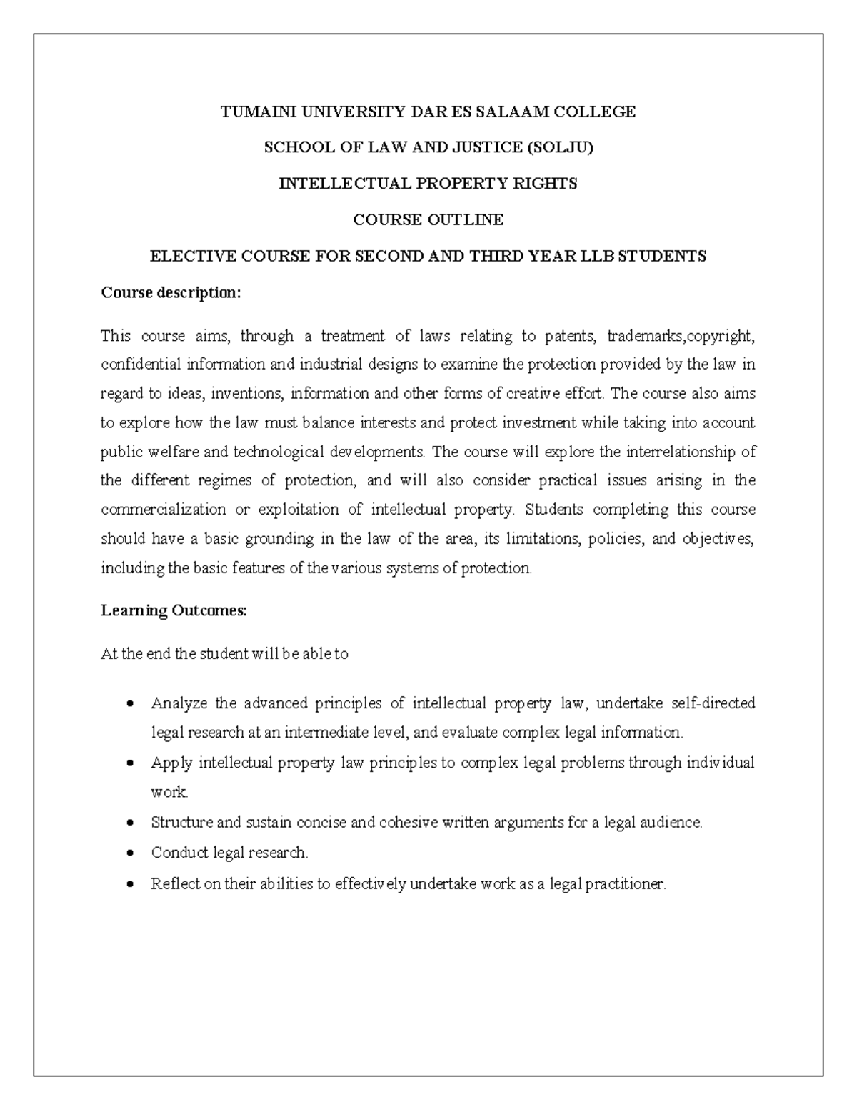 LAW 322 Intellectual Property Rights Course Outline for LLB Students ...