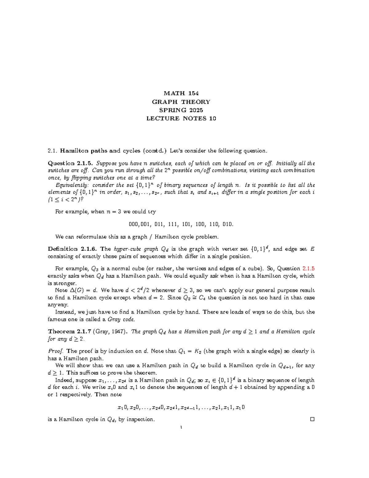 MATH 154 GRAPH THEORY SPRING 2025 LECTURE NOTES 10: Hamilton & Eulerian ...