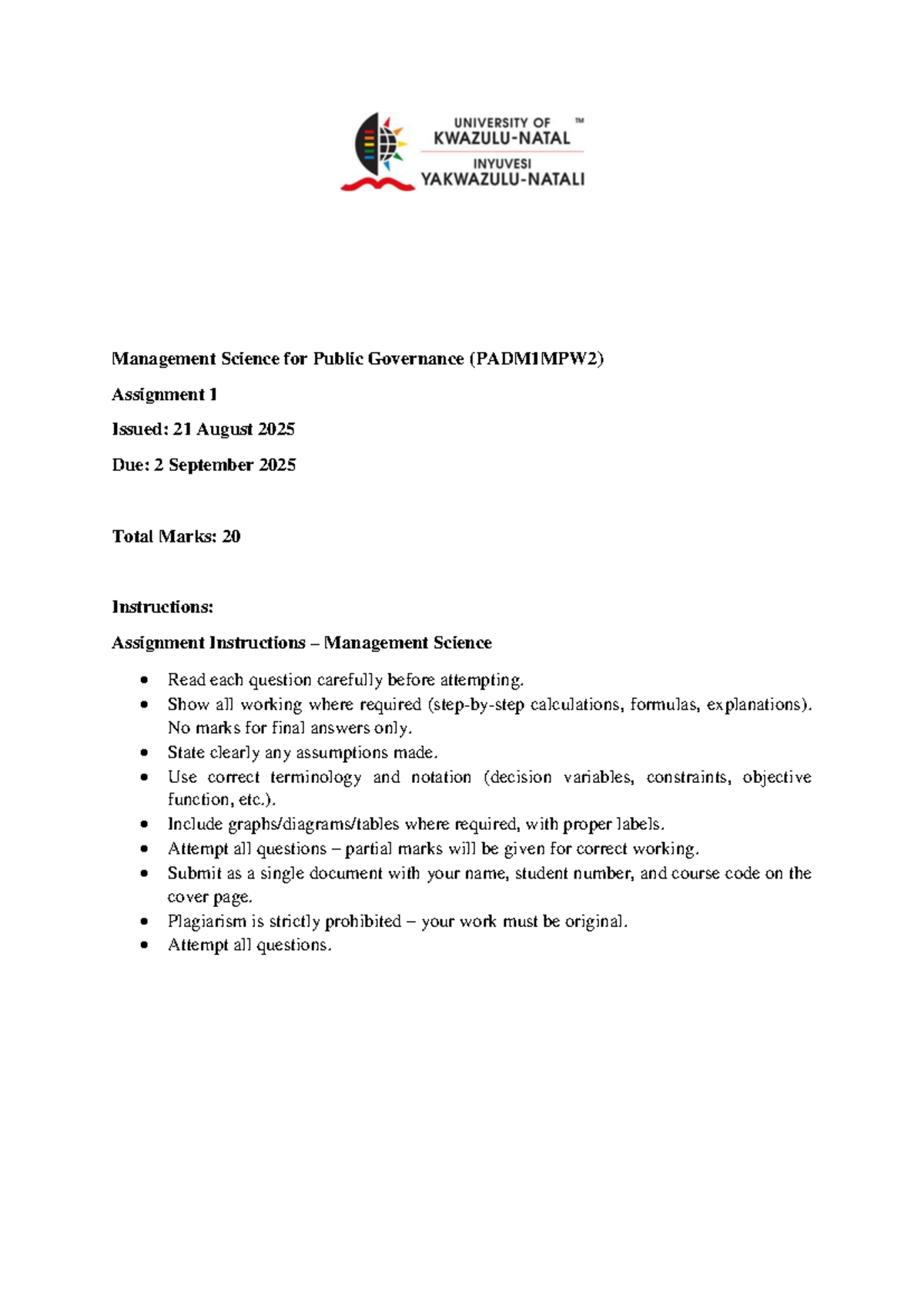 PADM1MPW2 Management Science Assignment 1: Data Analysis ...