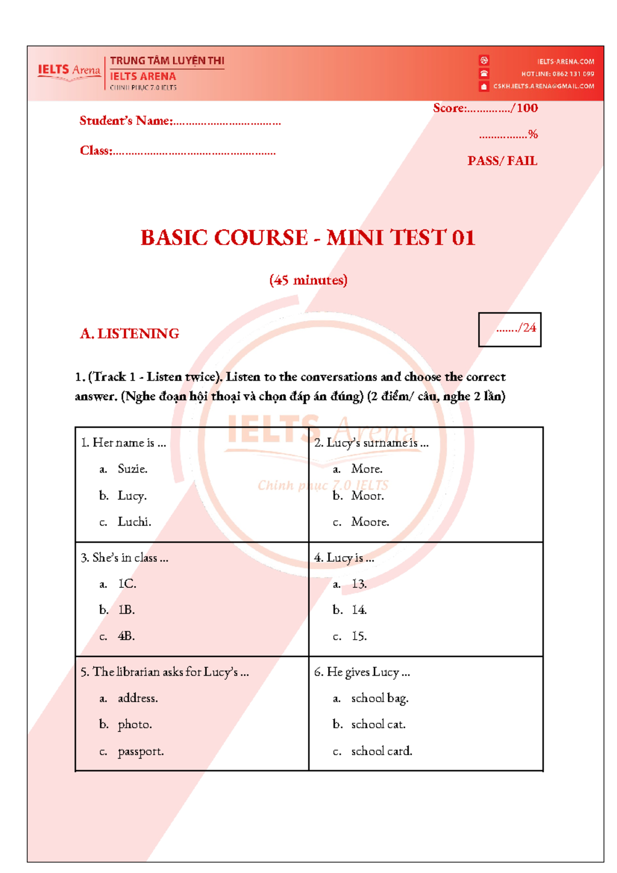 Mini Test 01 - Basic Course - Listening, Grammar, and Reading - Studocu