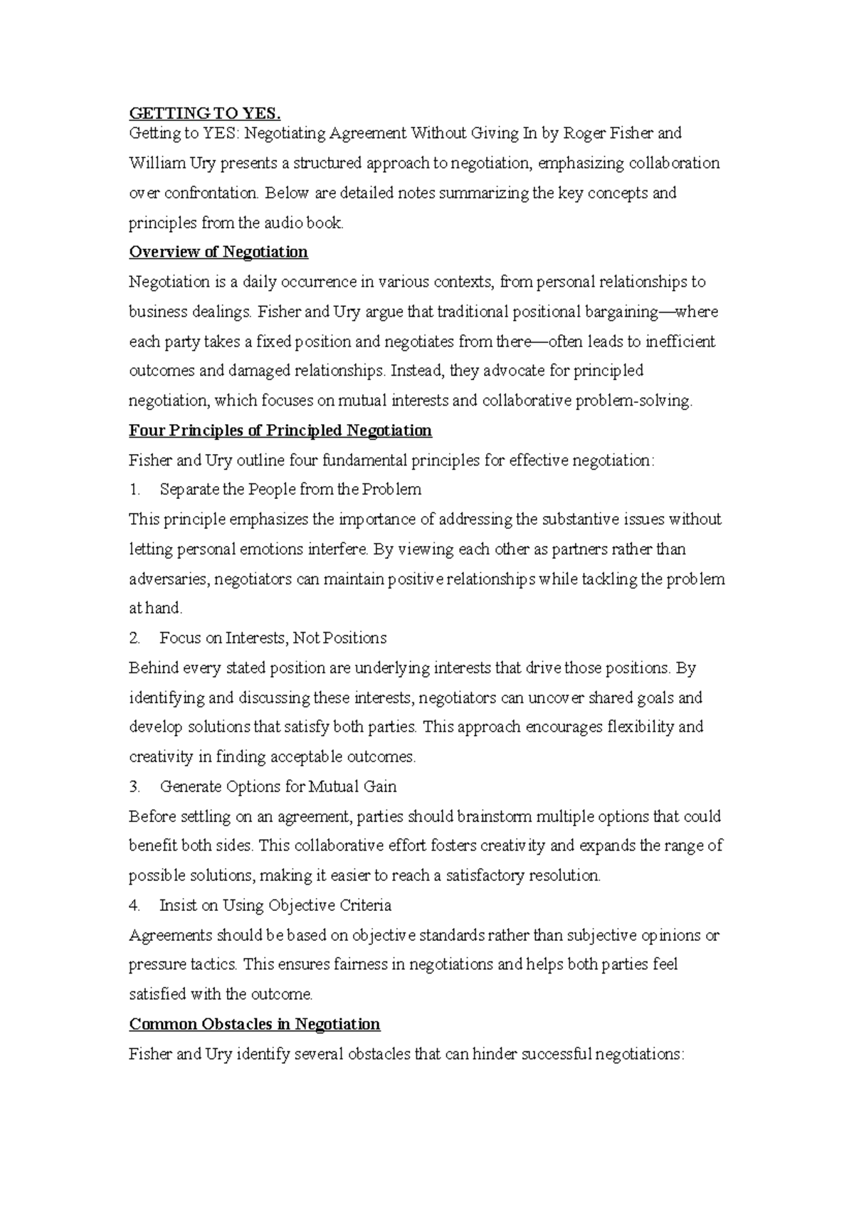 Negotiation Strategies: Key Concepts from GETTING TO YES (Admin) - Studocu