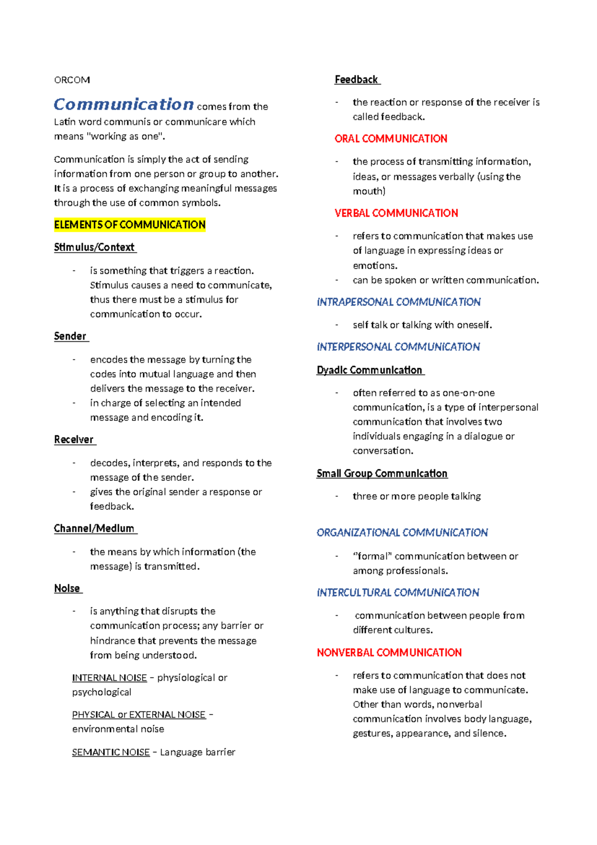 ORCOM 101: Comprehensive Guide to Feedback & Communication - Studocu