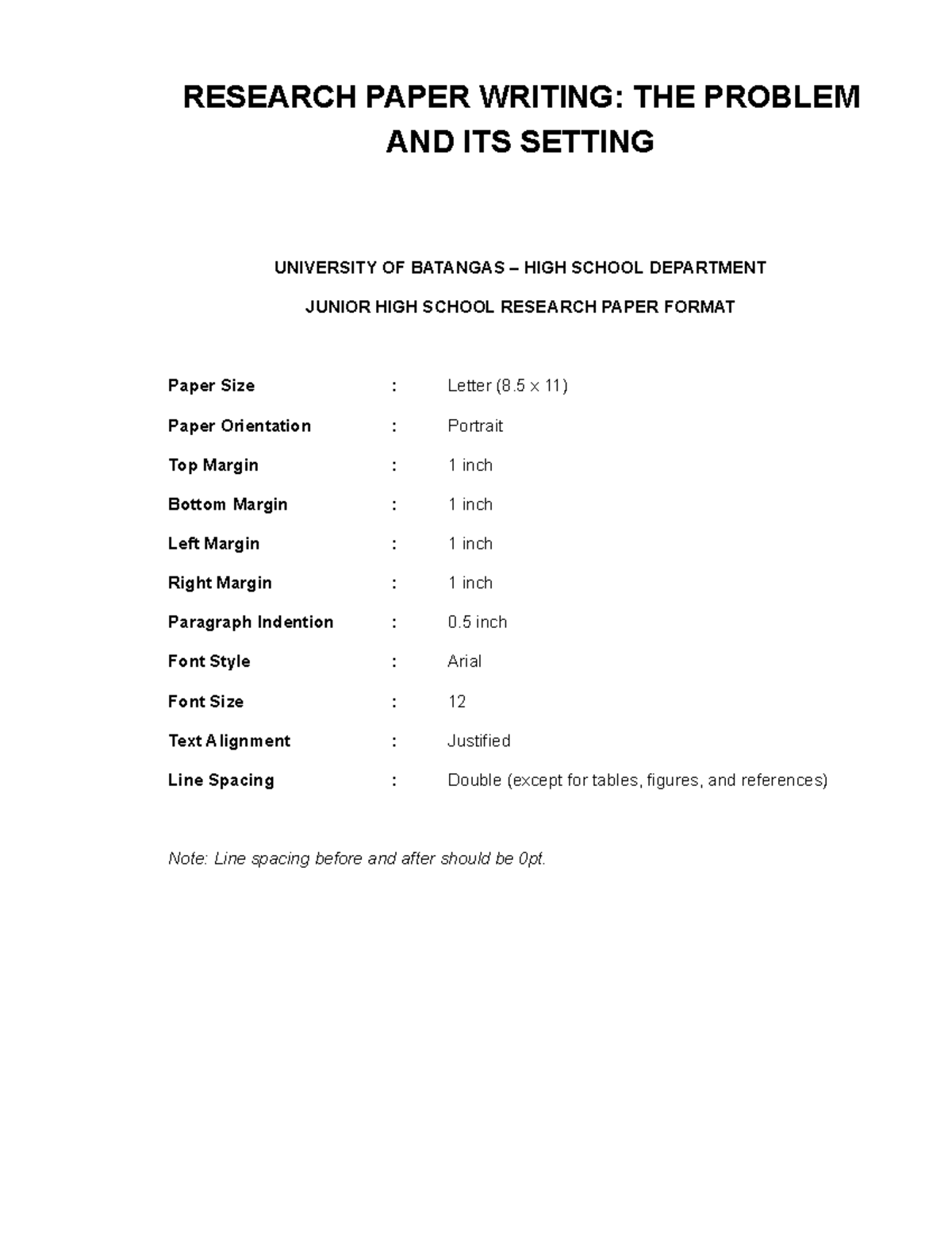 RESEARCH PAPER FORMAT: PROBLEM & SETTING - UNIVERSITY OF BATANGAS - Studocu