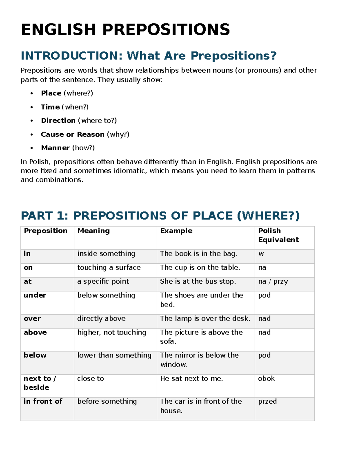 ENGLISH 101: Introduction to Prepositions and Their Usage - Studocu