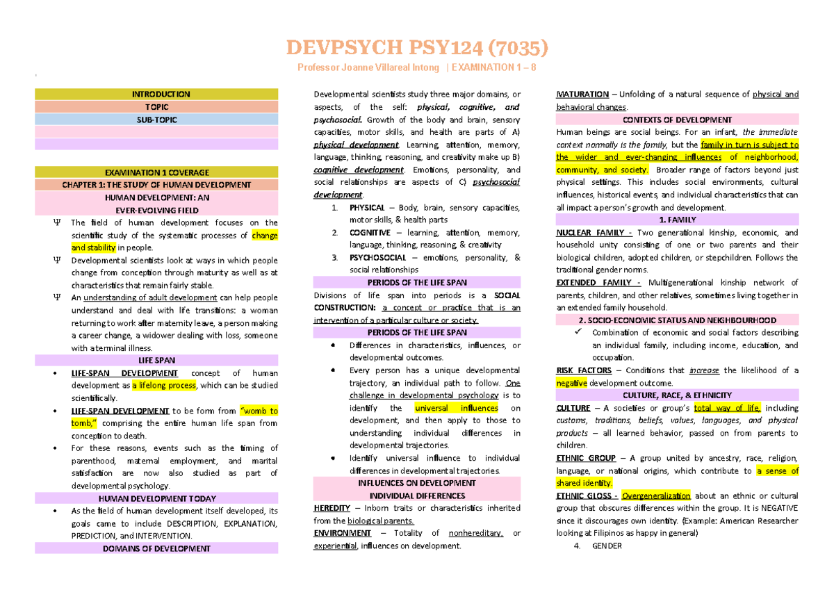 DEVPSYCH PSY124 (7035) Examination 1: Human Development Overview - Studocu