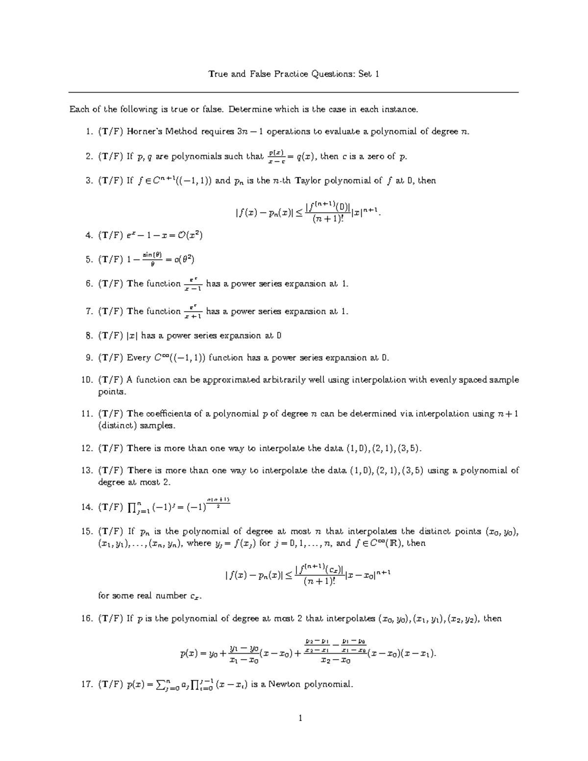 True or False Practice Questions: Set 1 - Midterm 1 - Studocu