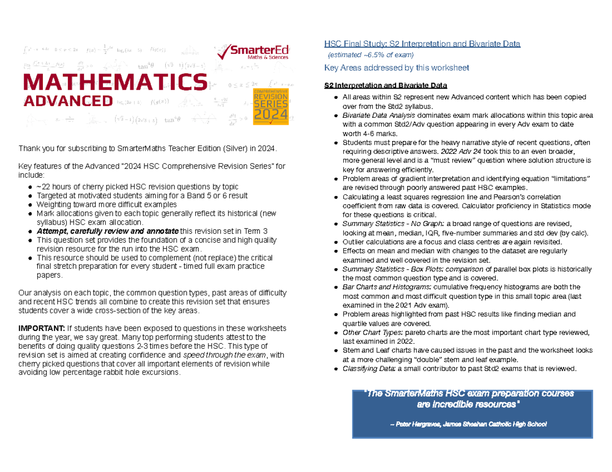 2024 HSC Comprehensive Revision: Statistics S2 Bivariate Data - Studocu