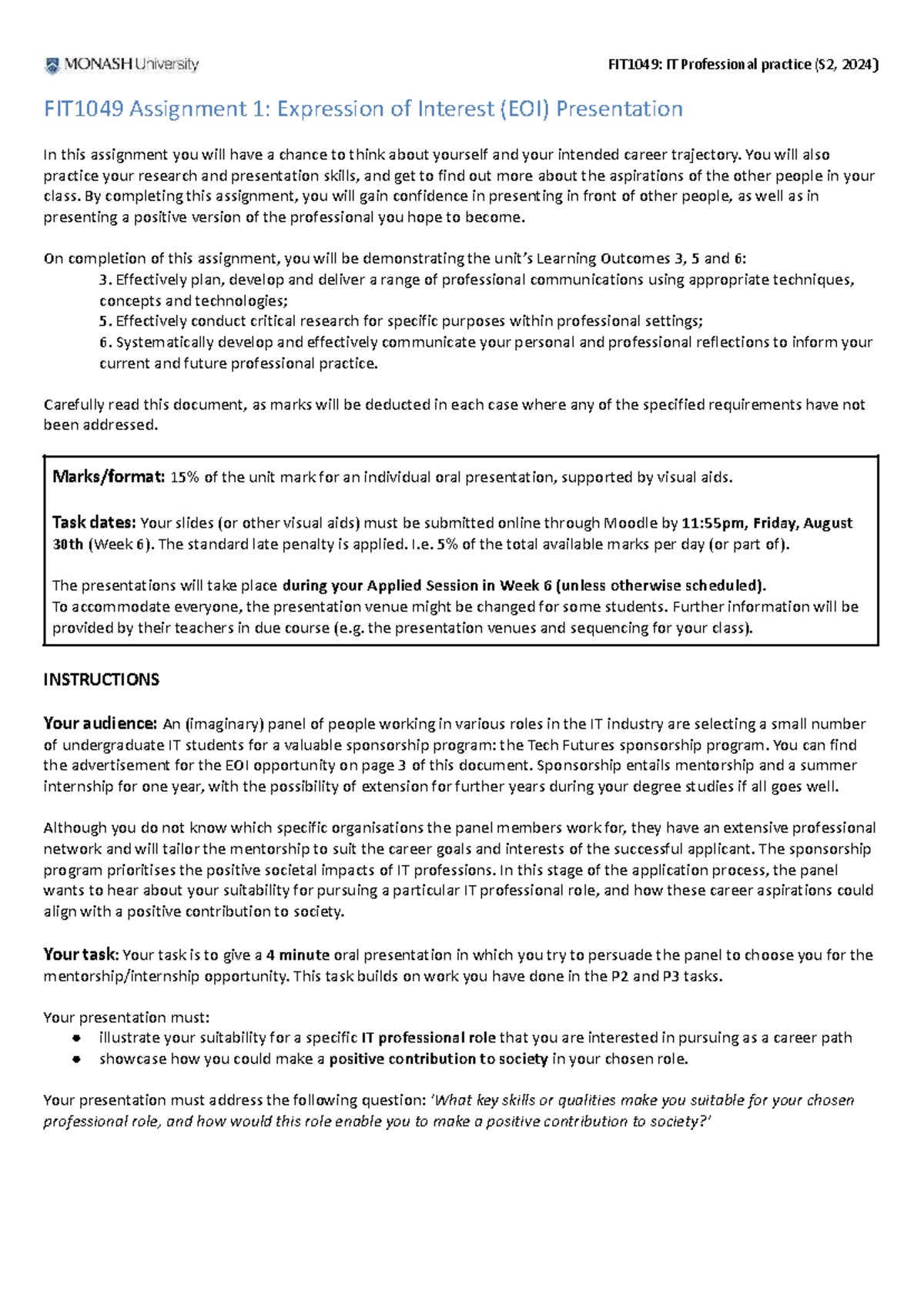 FIT1049: IT Professional Practice (S2, 2024) EOI Presentation ...