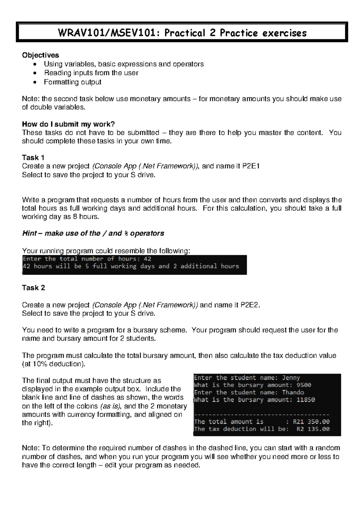 WRAV 101 / MSEV 101: Practical 2 Programming Exercises Guide - Studocu