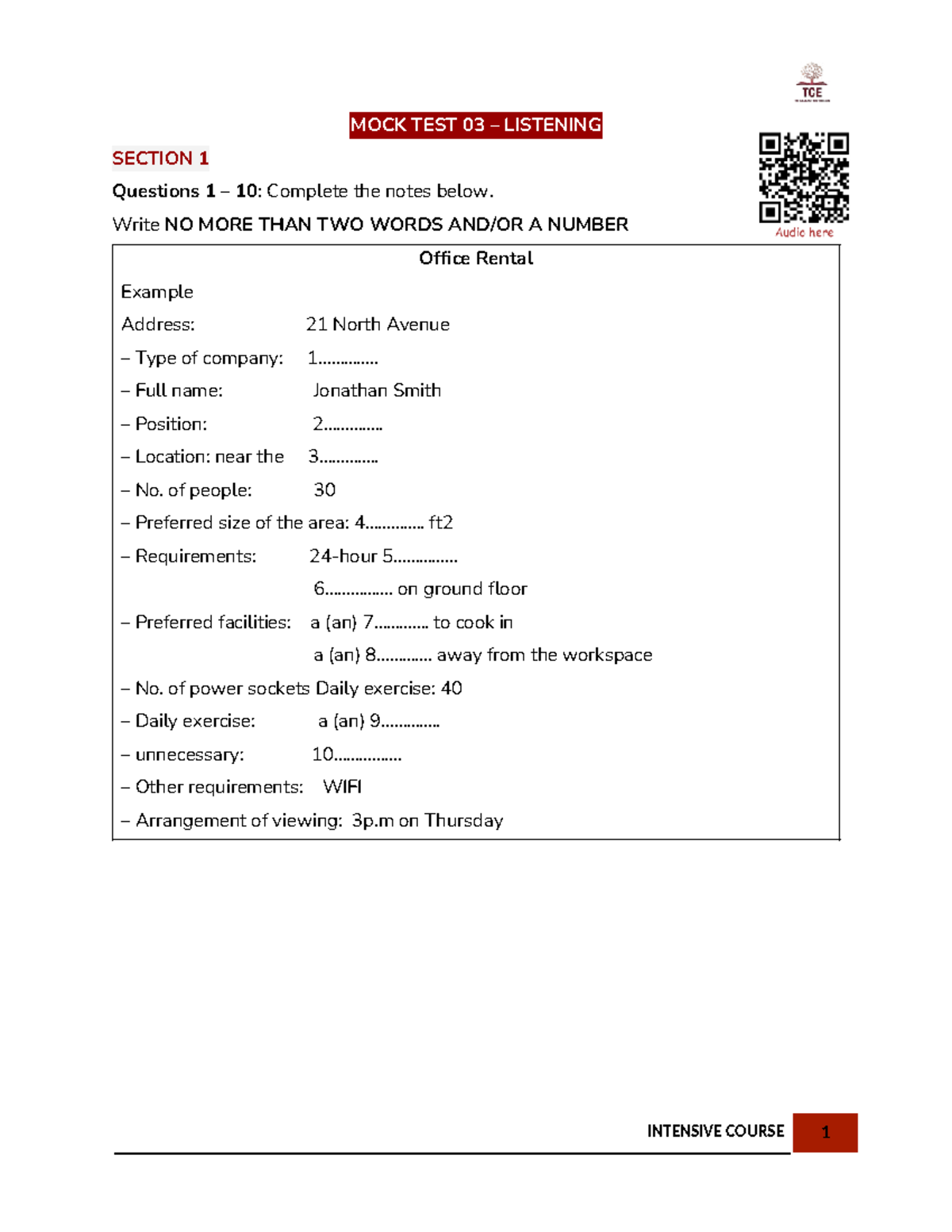 INTENSIVE COURSE 1 MOCK TEST 03 LISTENING SECTION 1-4 - Studocu