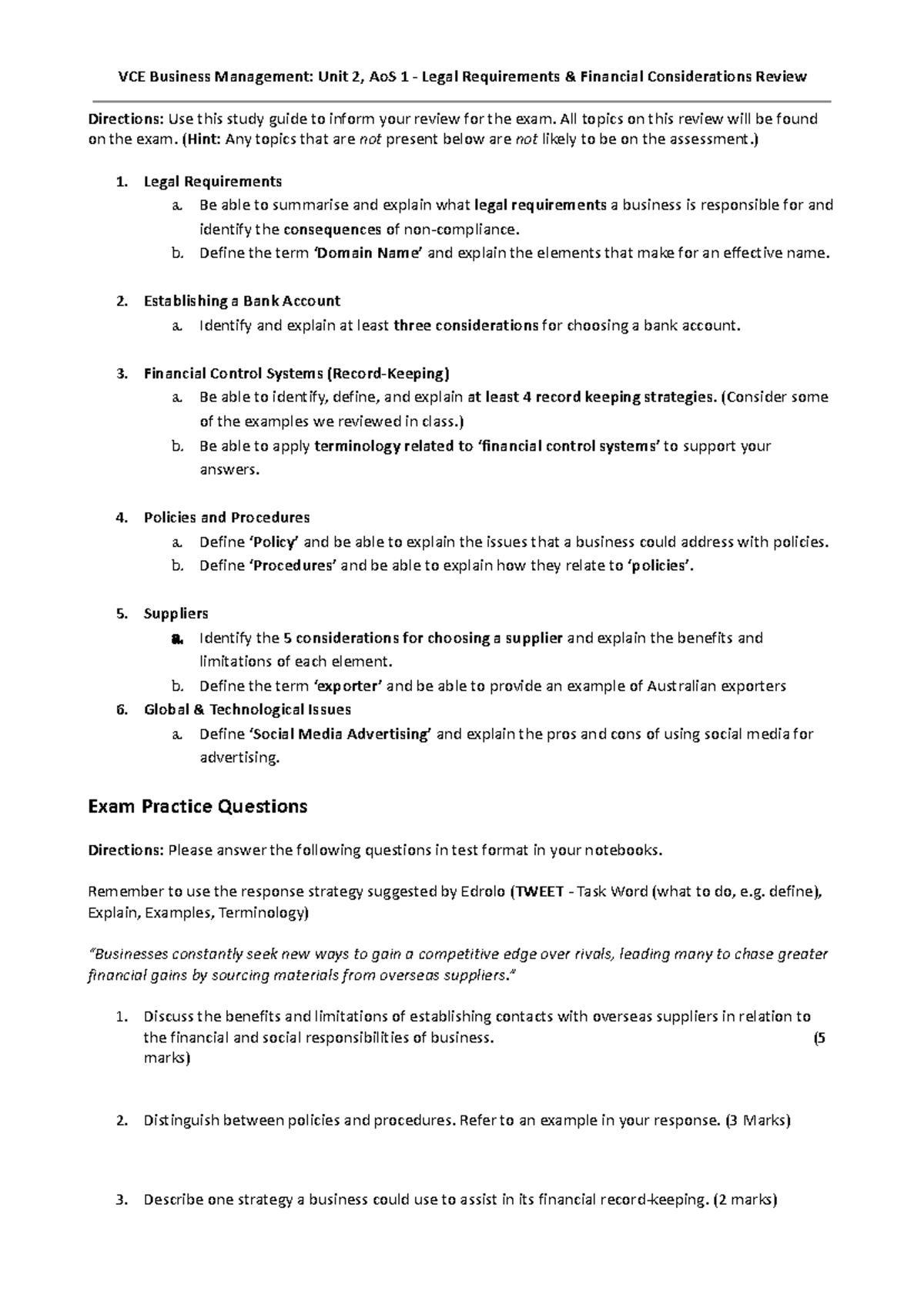 VCE Business Management: Unit 2, AoS 1 Exam Review Guide - Studocu